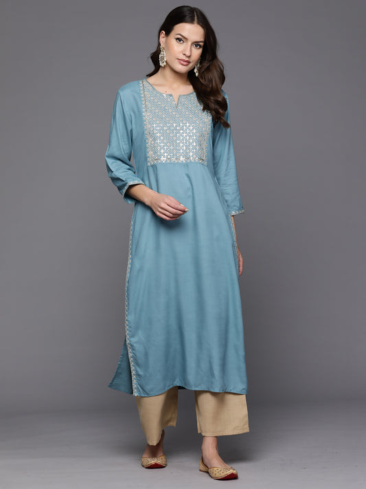 IE Blue Embroidered Straight Kurtas