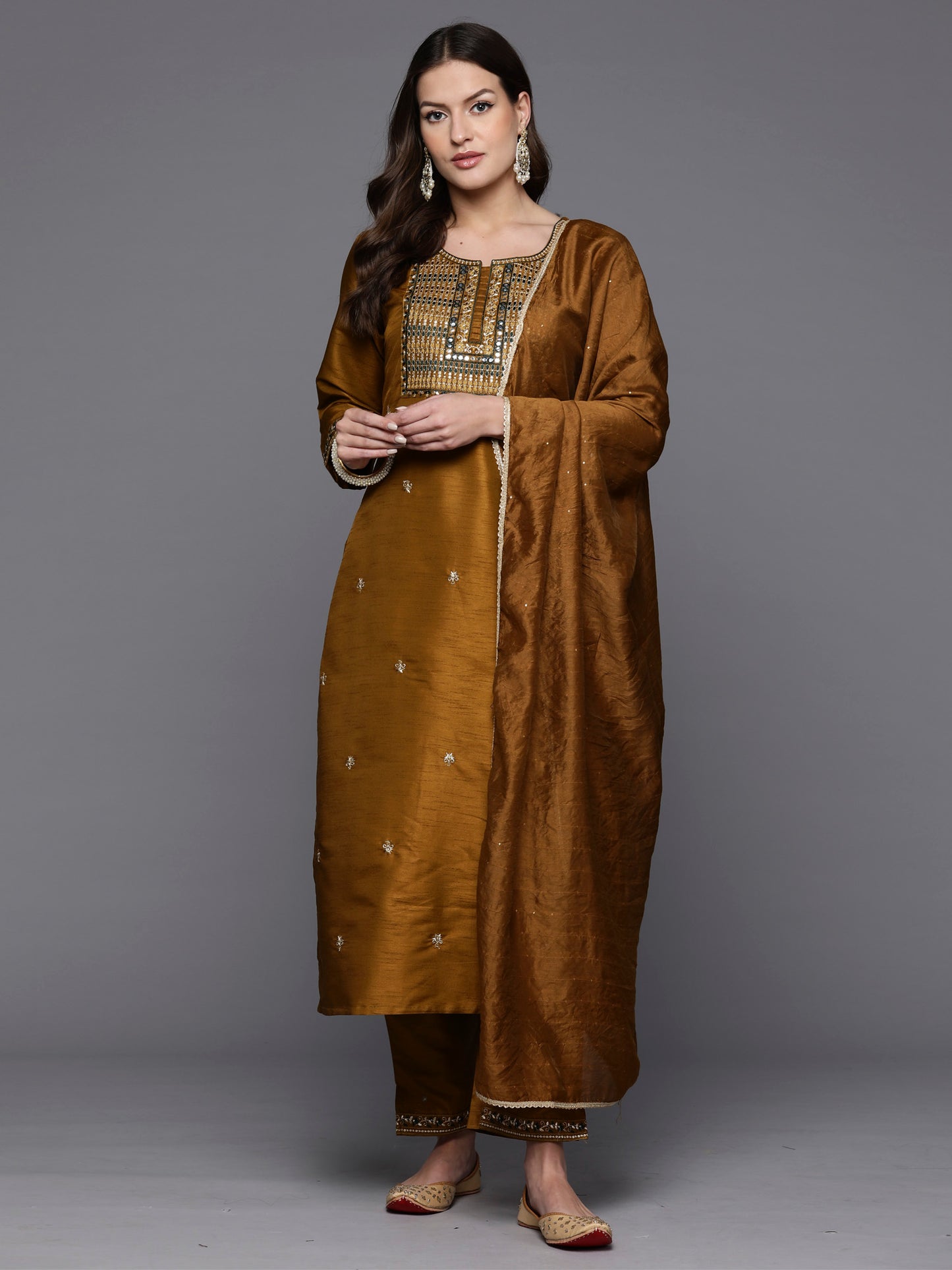 IE Mustard Embroidered Straight Kurta Trousers With Dupatta Set