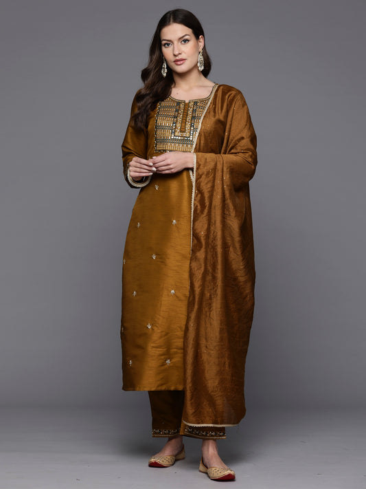 IE Mustard Embroidered Straight Kurta Trousers With Dupatta Set