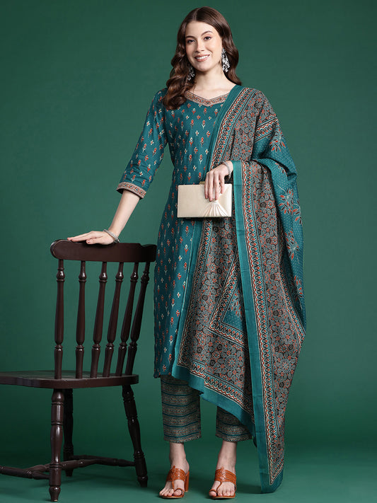 IE Teal Printed Straight Kurta Trousers With Dupatta set