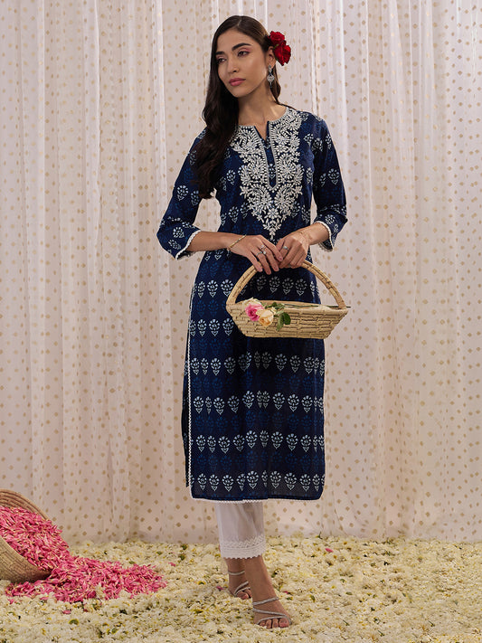 IE Navy Blue Printed Straight Kurtas