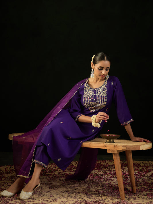 IE Purple Embroidered Straight Kurta Trousers With Dupatta Set