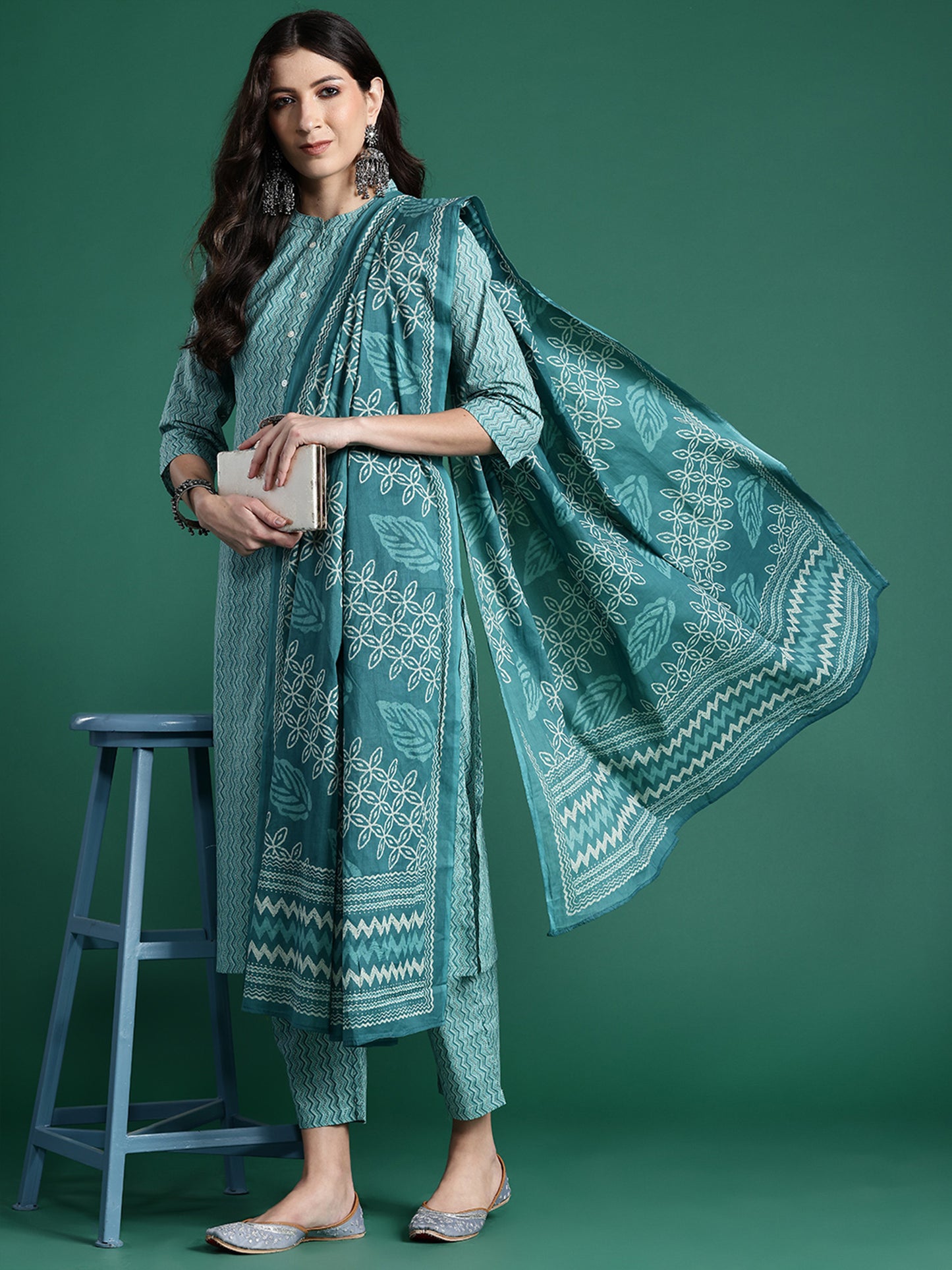 IE Blue Printed Straight Kurta Trousers With Dupatta set