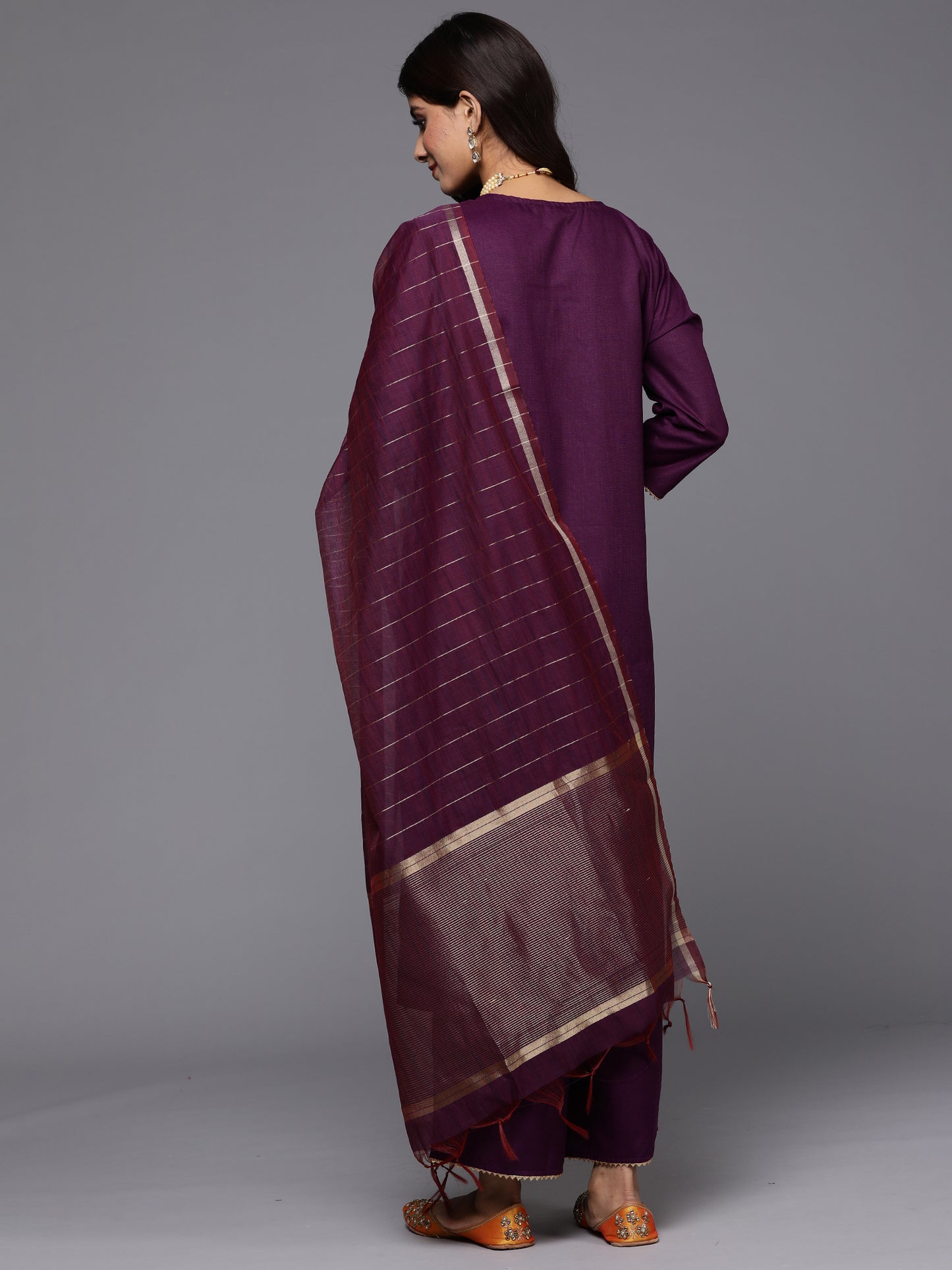 IE Purple Yoke Design Straight Kurta Palazzos With Dupatta Set