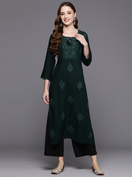 IE Green Embroidered Straight Kurtas