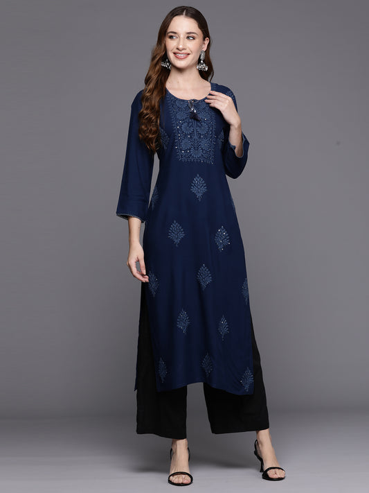 IE Navy Blue Embroidered Straight Kurtas