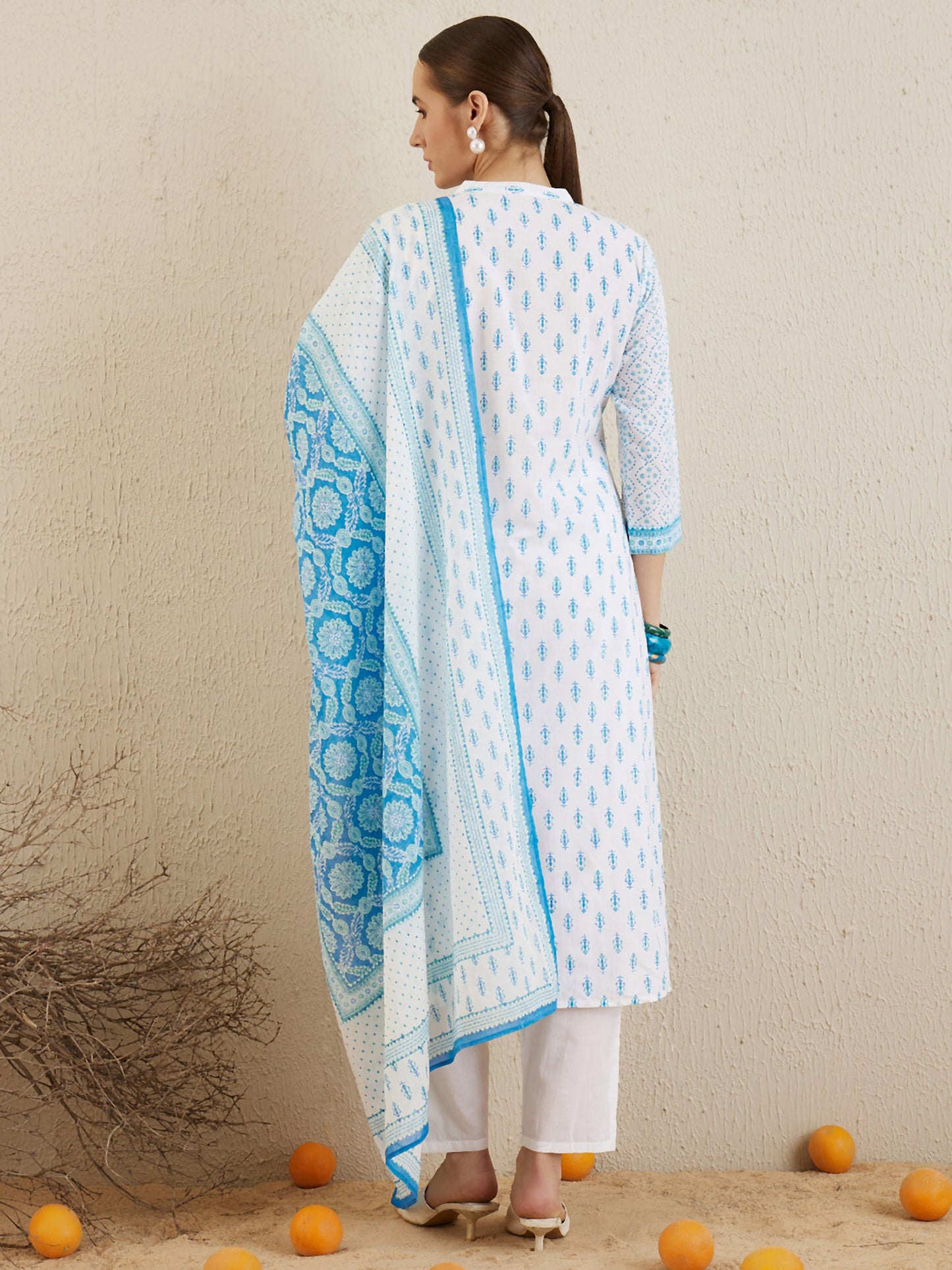 IE Off White Printed Straight Kurta Trousers With Dupatta set