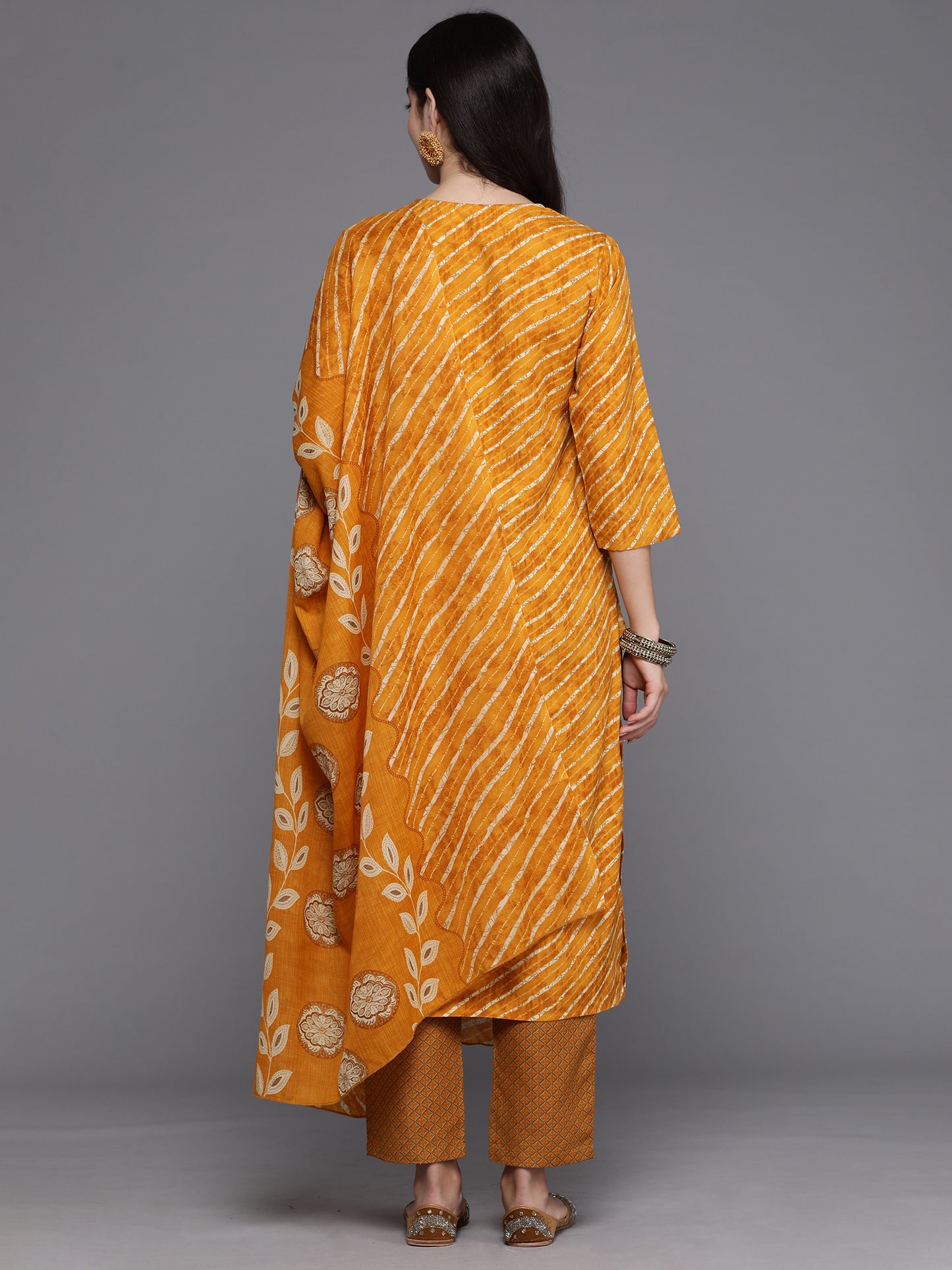 IE Mustard Printed Straight Kurta Trousers With Dupatta set