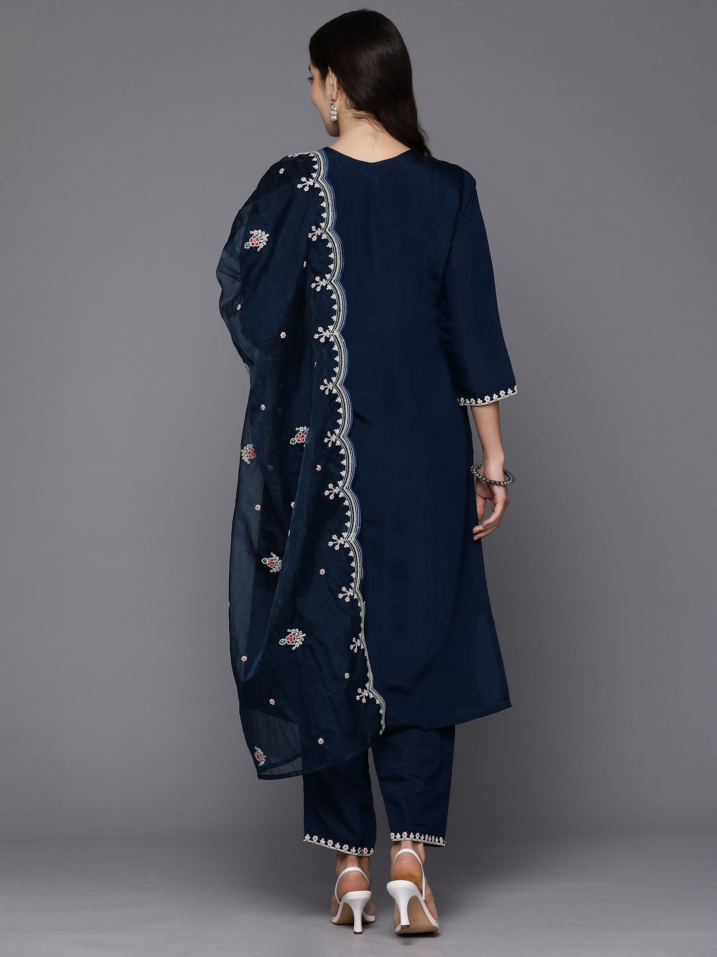 IE Teal Embroidered Straight Kurta Trousers With Dupatta set