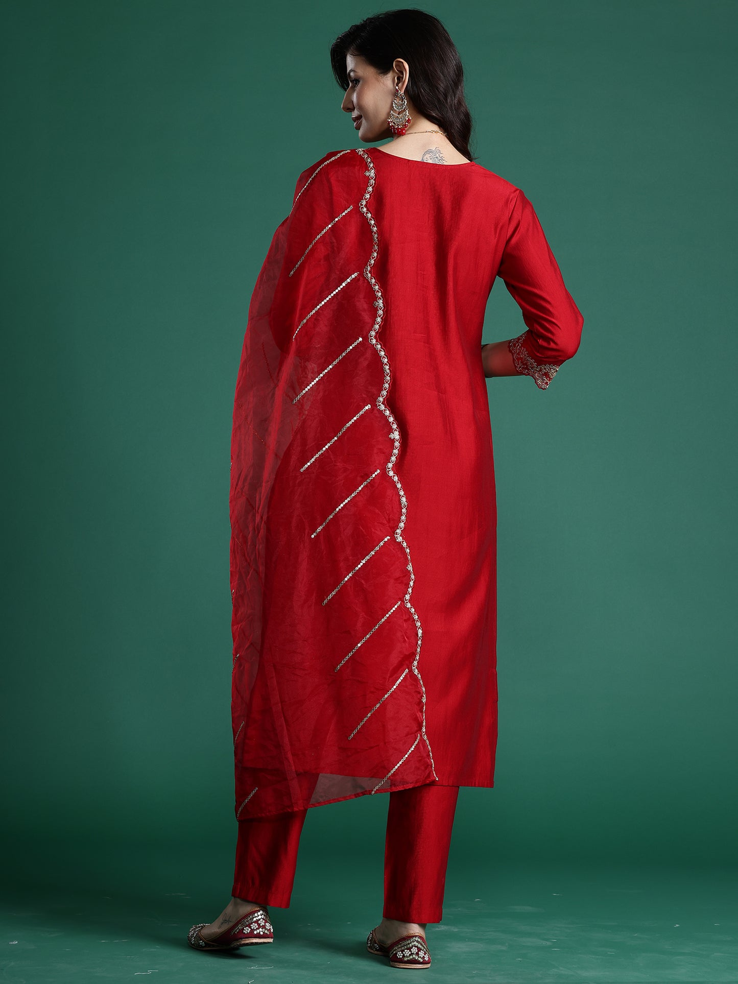 IE Red Embroidered Straight Kurta Trousers With Dupatta set