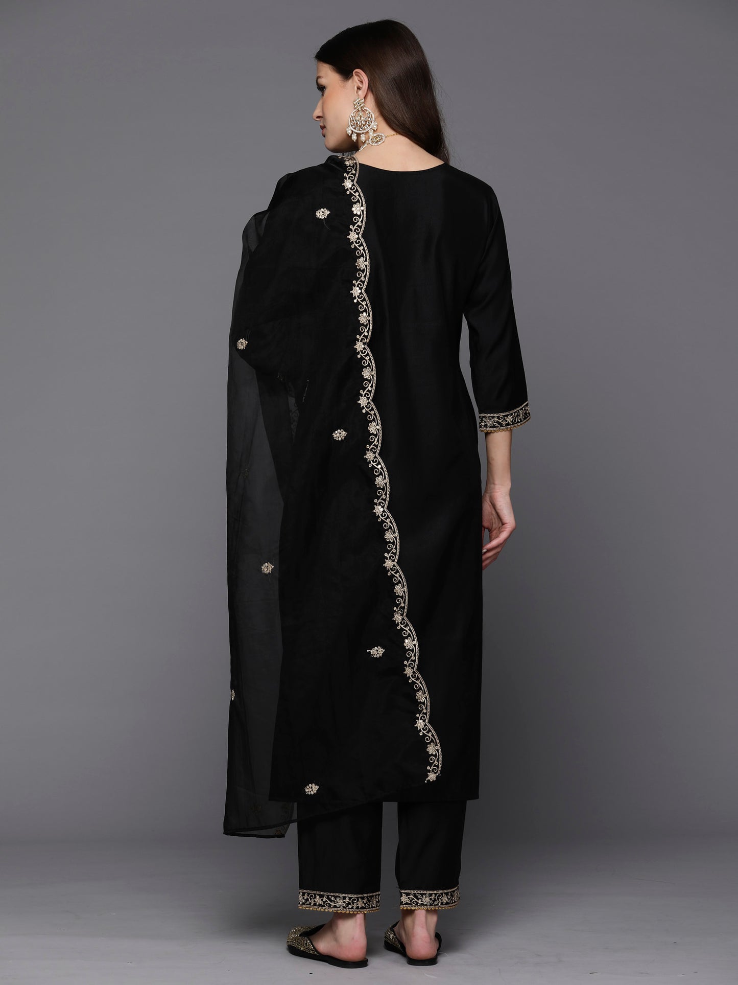 IE Black Embroidered Straight Kurta Trousers With Dupatta Set