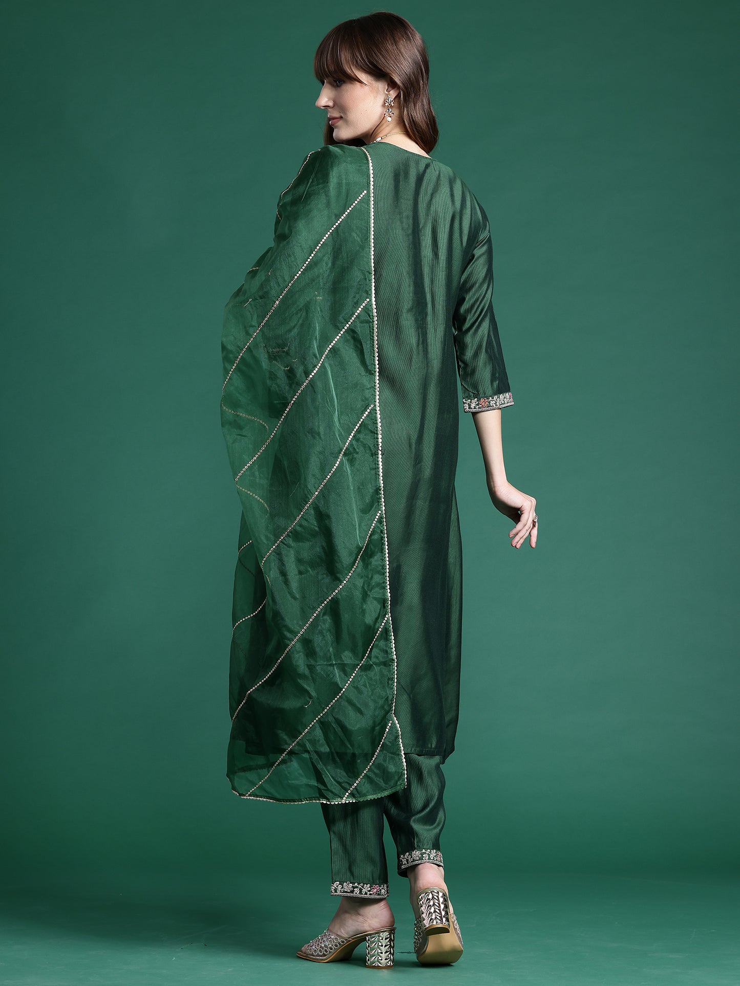 IE Green Embroidered A-Line Kurta Trousers set