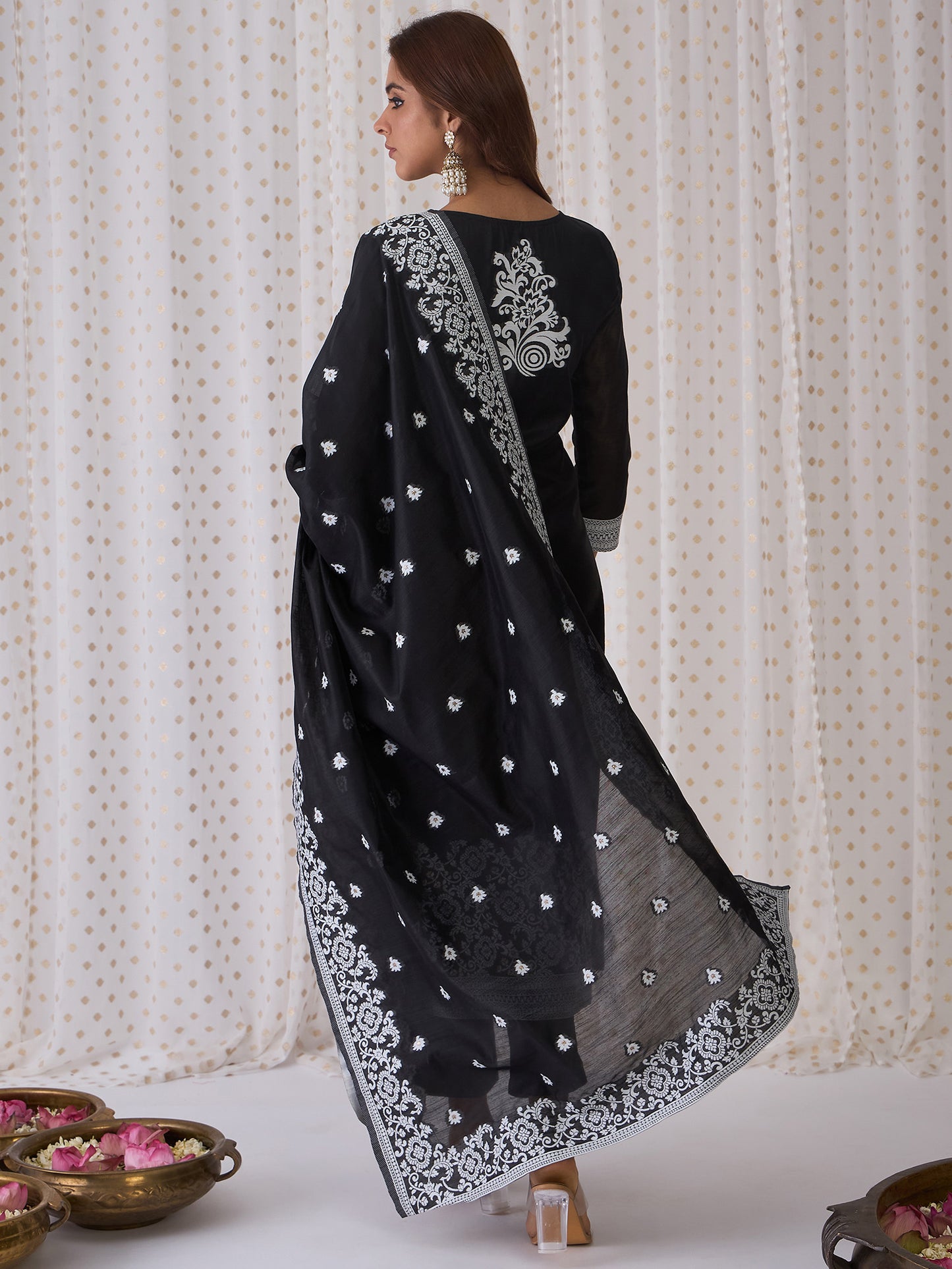 IE Black Woven Design Straight Kurta Trousers With Dupatta set