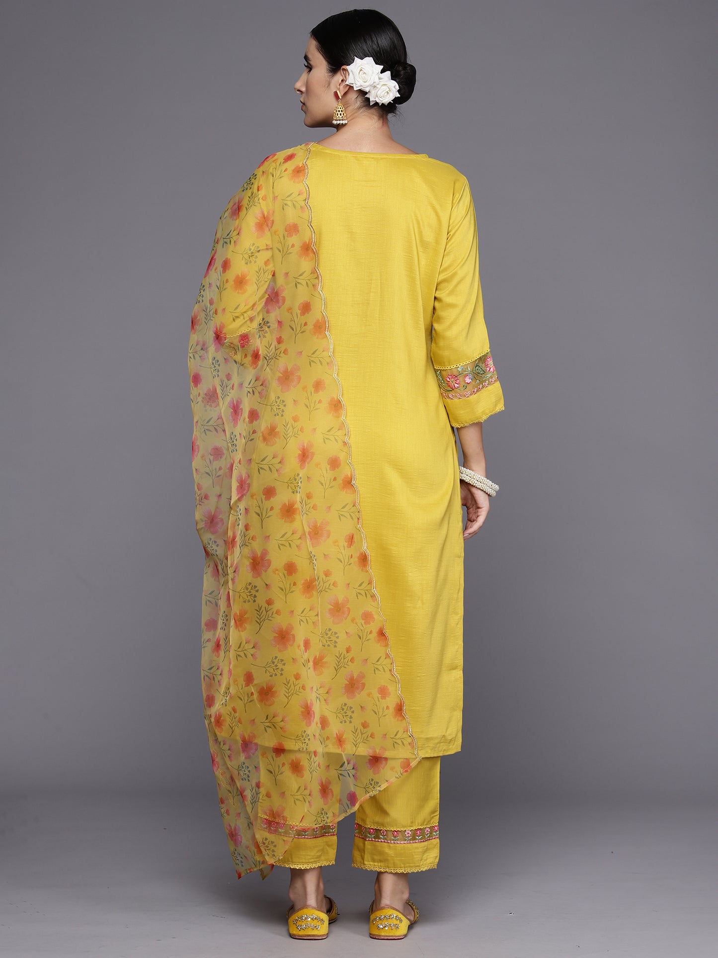 IE Yellow Embroidered Straight Kurta Trousers With Dupatta Set