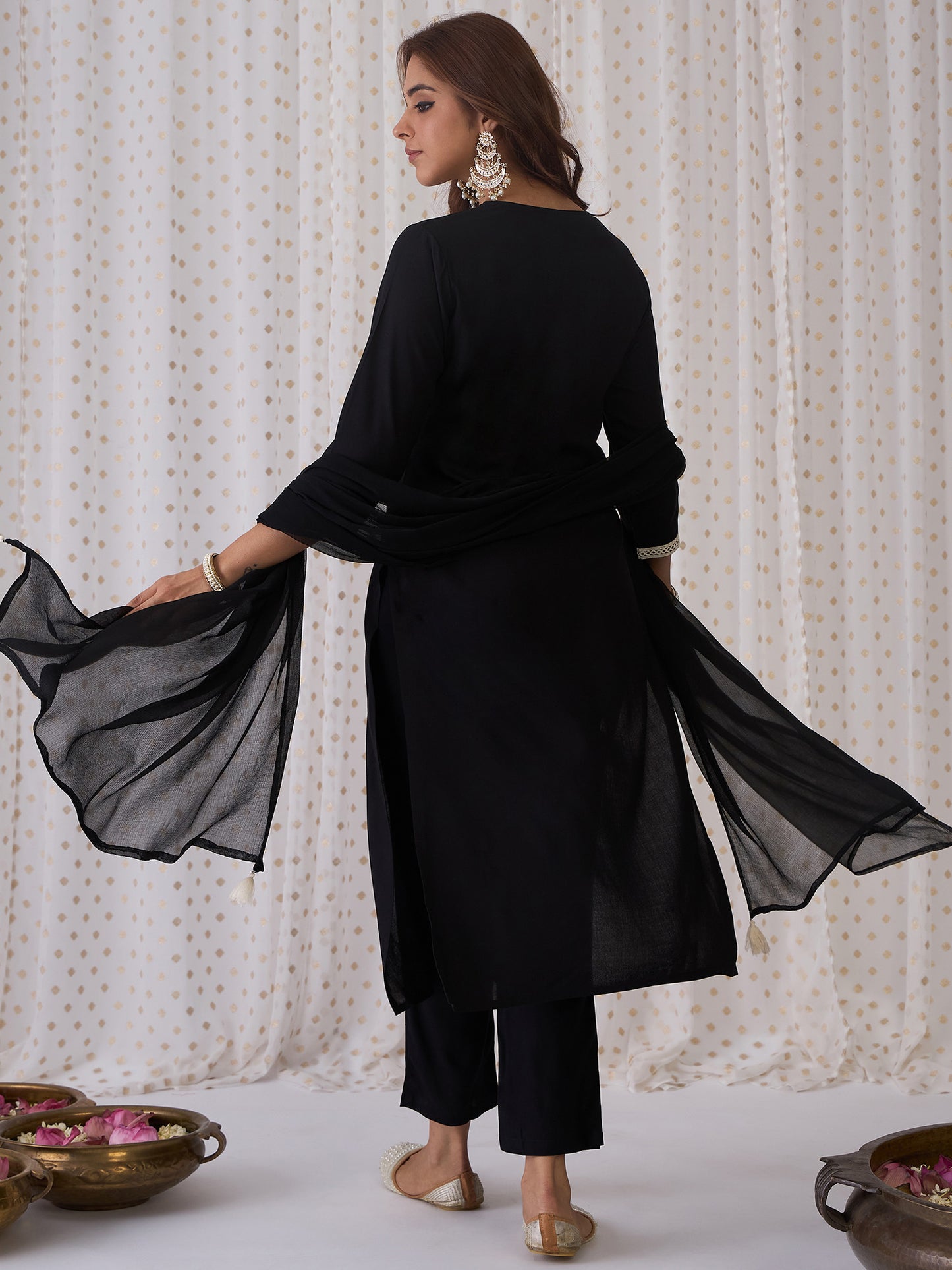 IE Black Embroidered Straight Kurta Trousers With Dupatta set