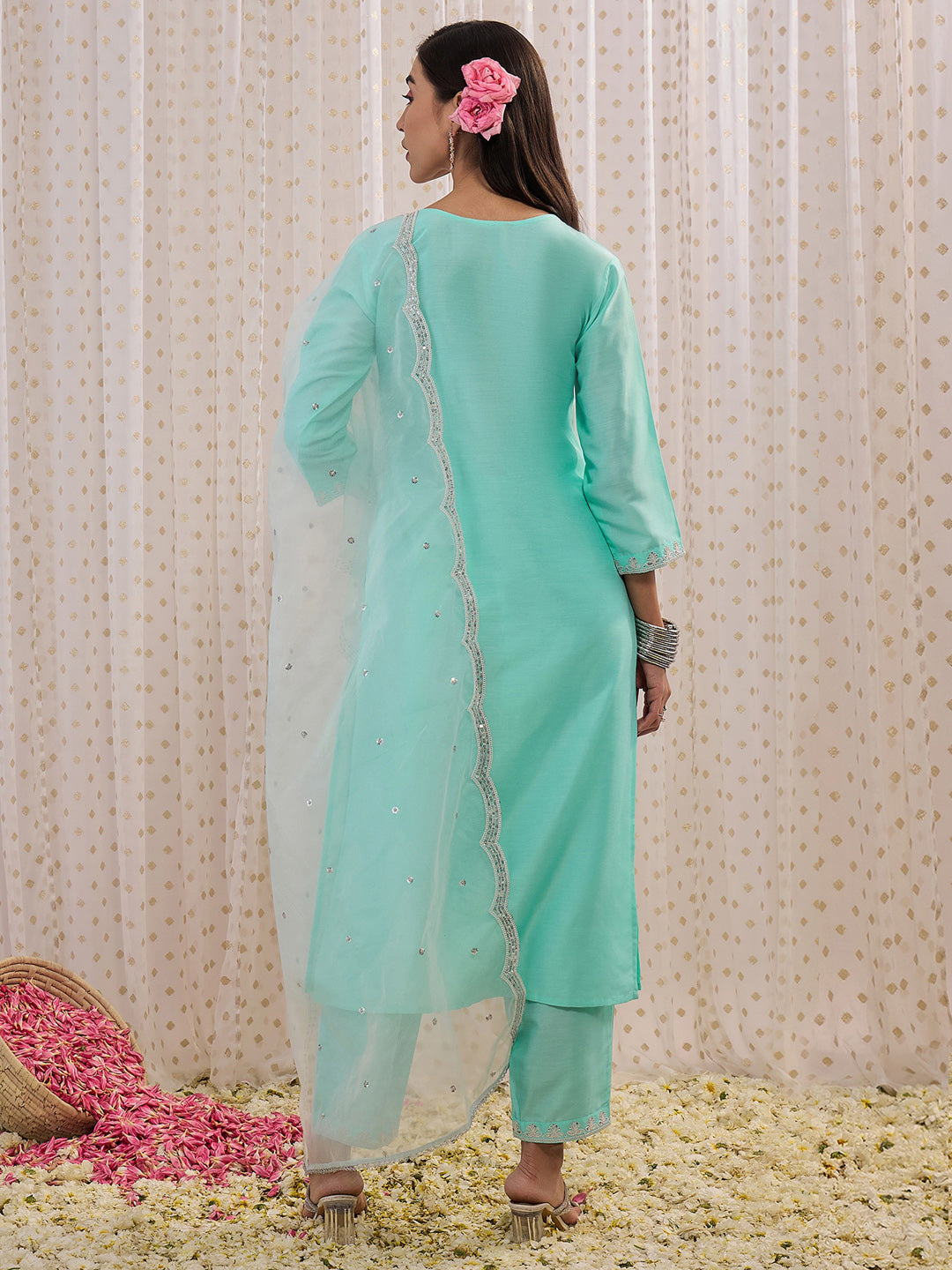 IE Blue Embroidered Straight Kurta Trousers With Dupatta set