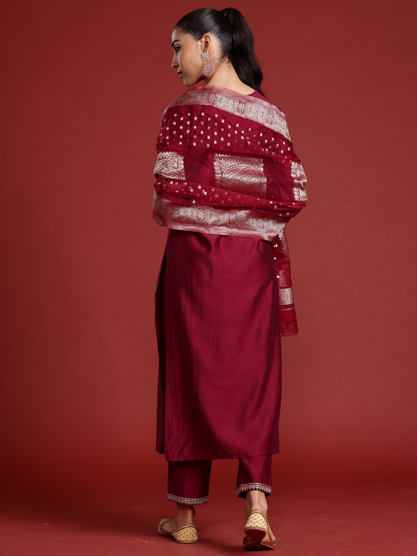 IE Burgundy Embroidered Straight Kurta Trousers With Dupatta Set