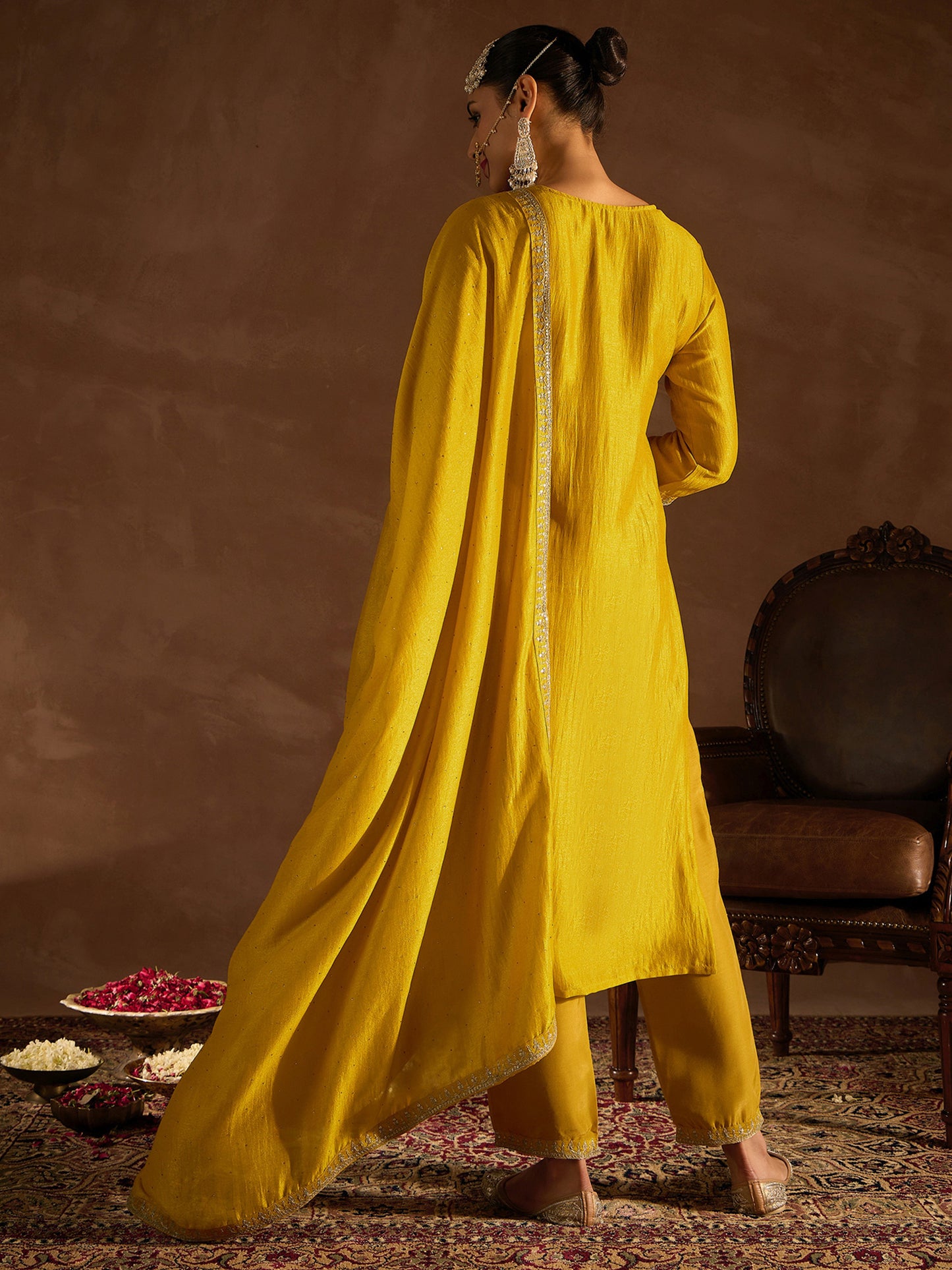 IE Yellow Embroidered Straight Kurta Trousers With Dupatta set