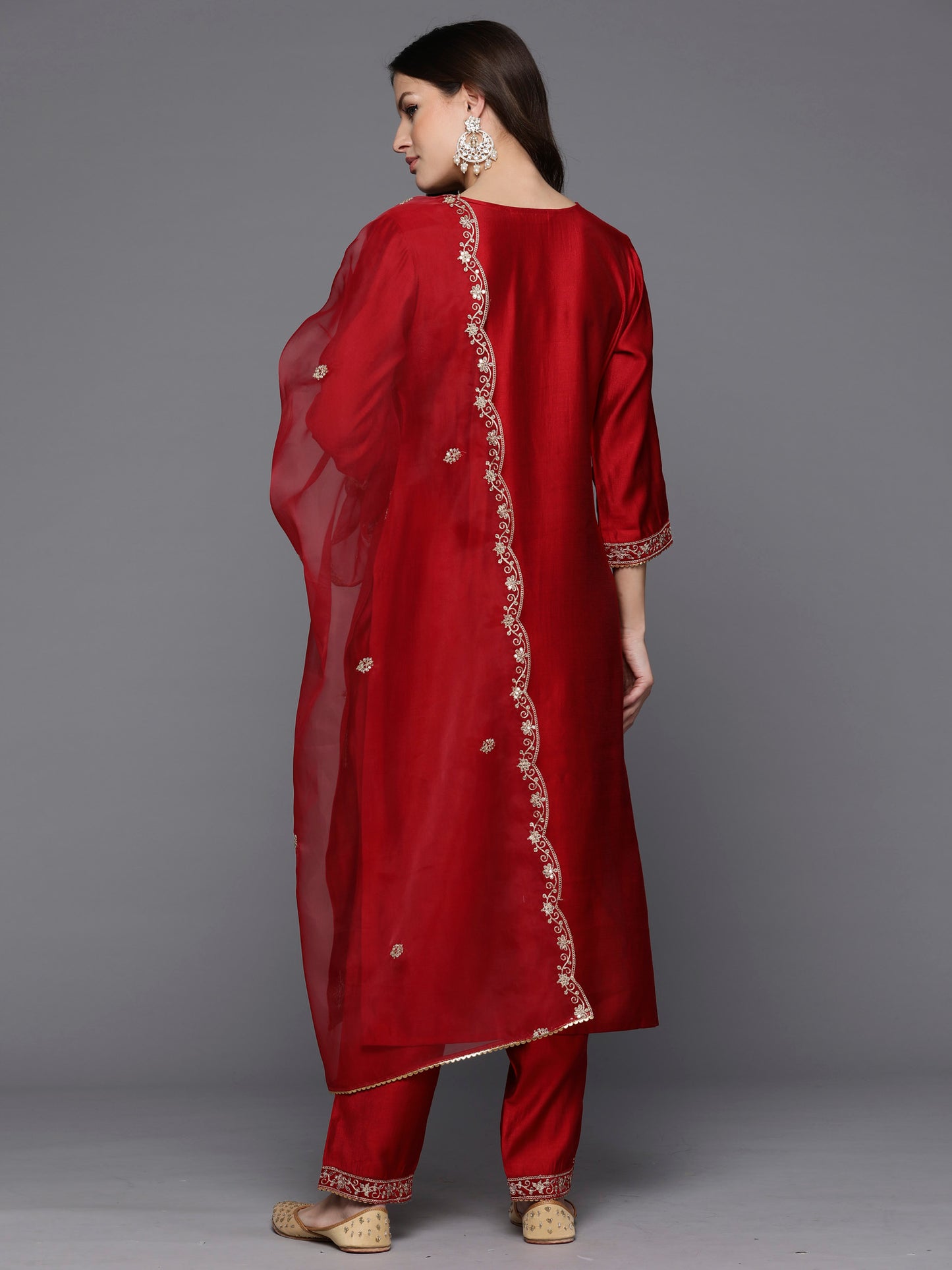 IE Red Embroidered Straight Kurta Trousers With Dupatta Set