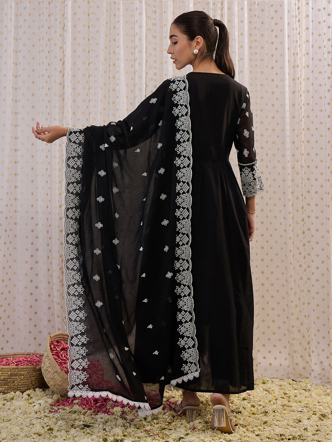 IE Black Embroidered Straight Kurta Trousers With Dupatta set