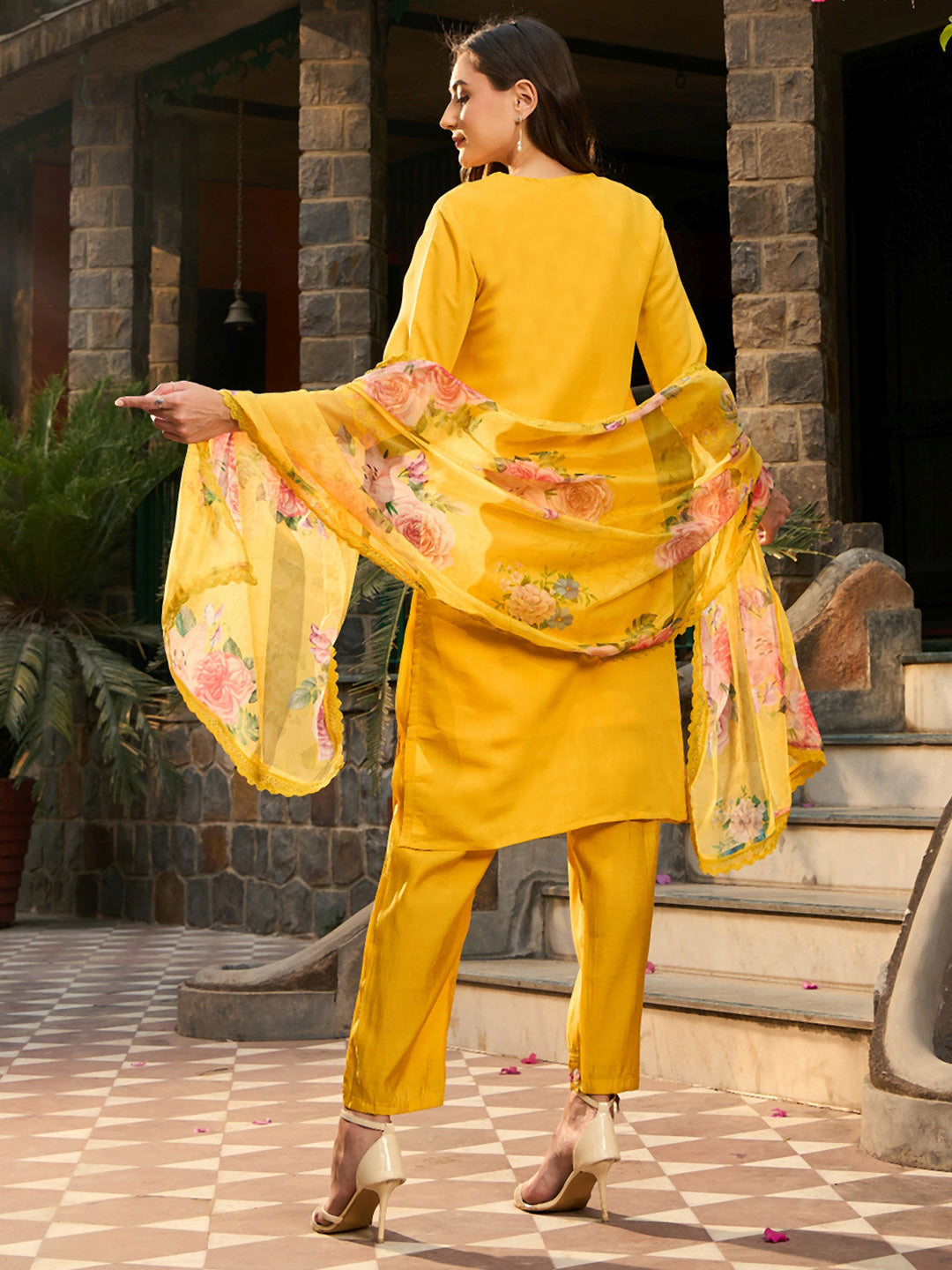 IE Yellow Embroidered Straight Kurta Trousers With Dupatta set