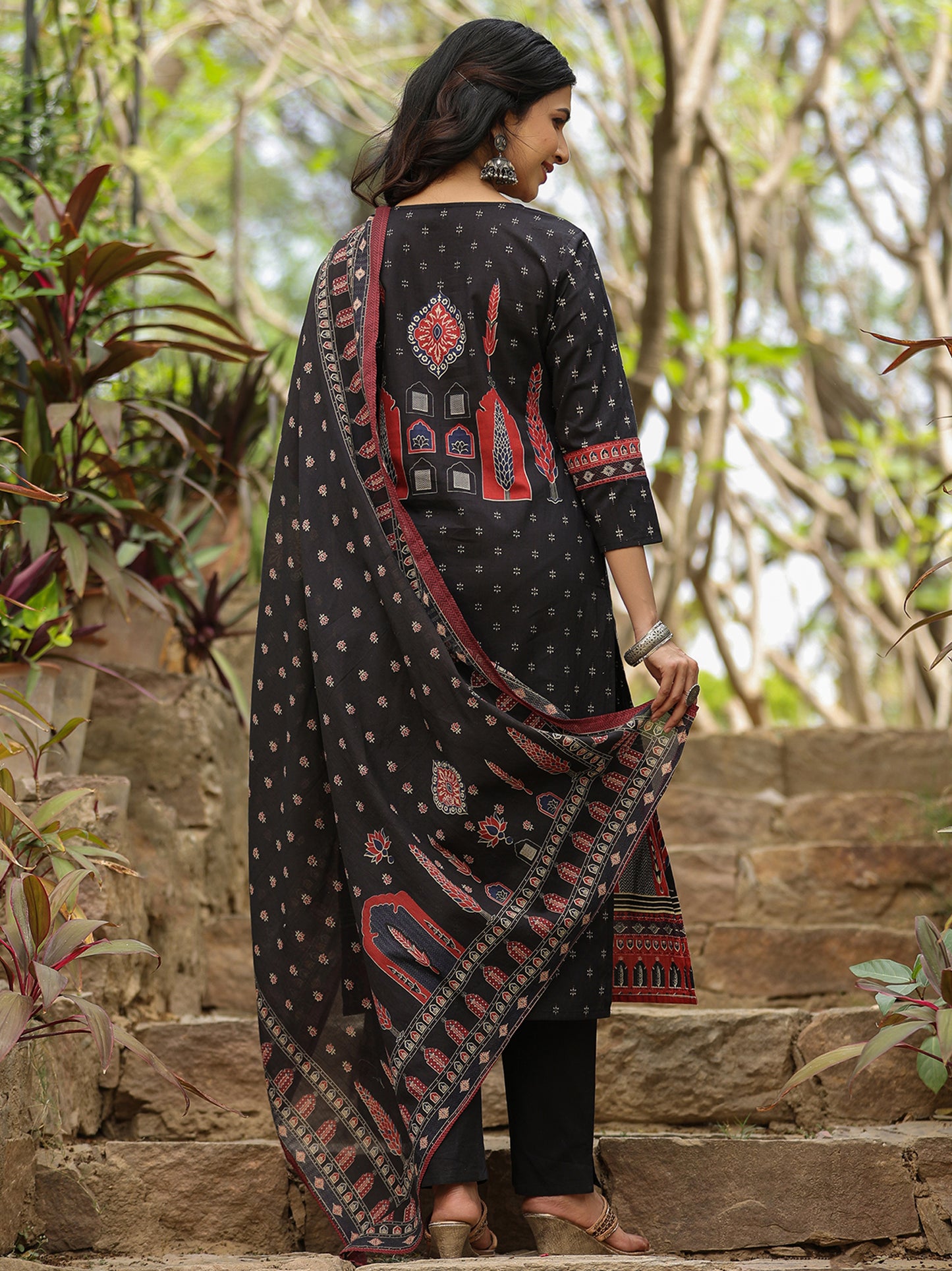 IE Black Printed Straight Kurta Trousers With Dupatta set