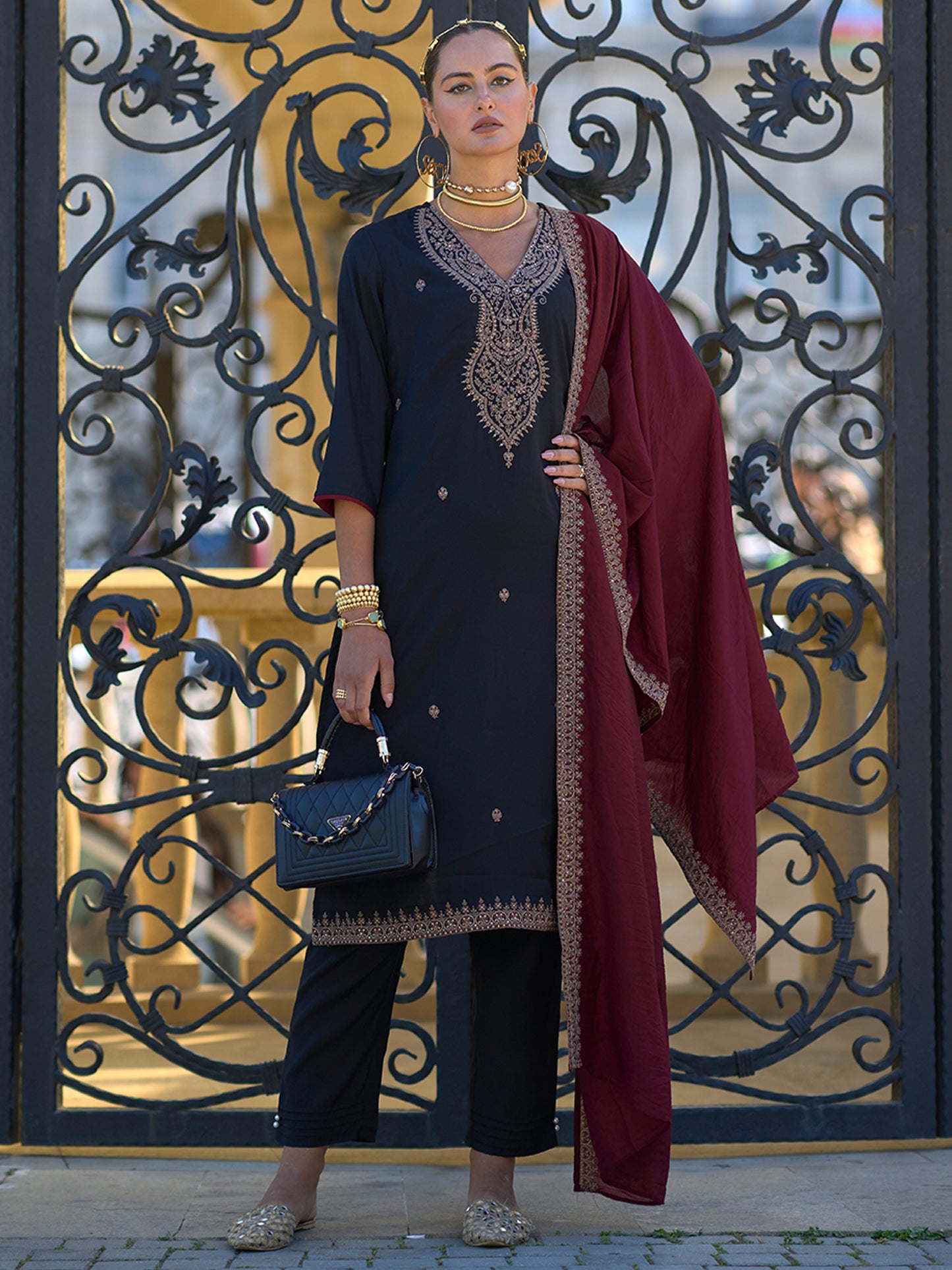 IE Black Embroidered Straight Kurta Trousers With Dupatta set