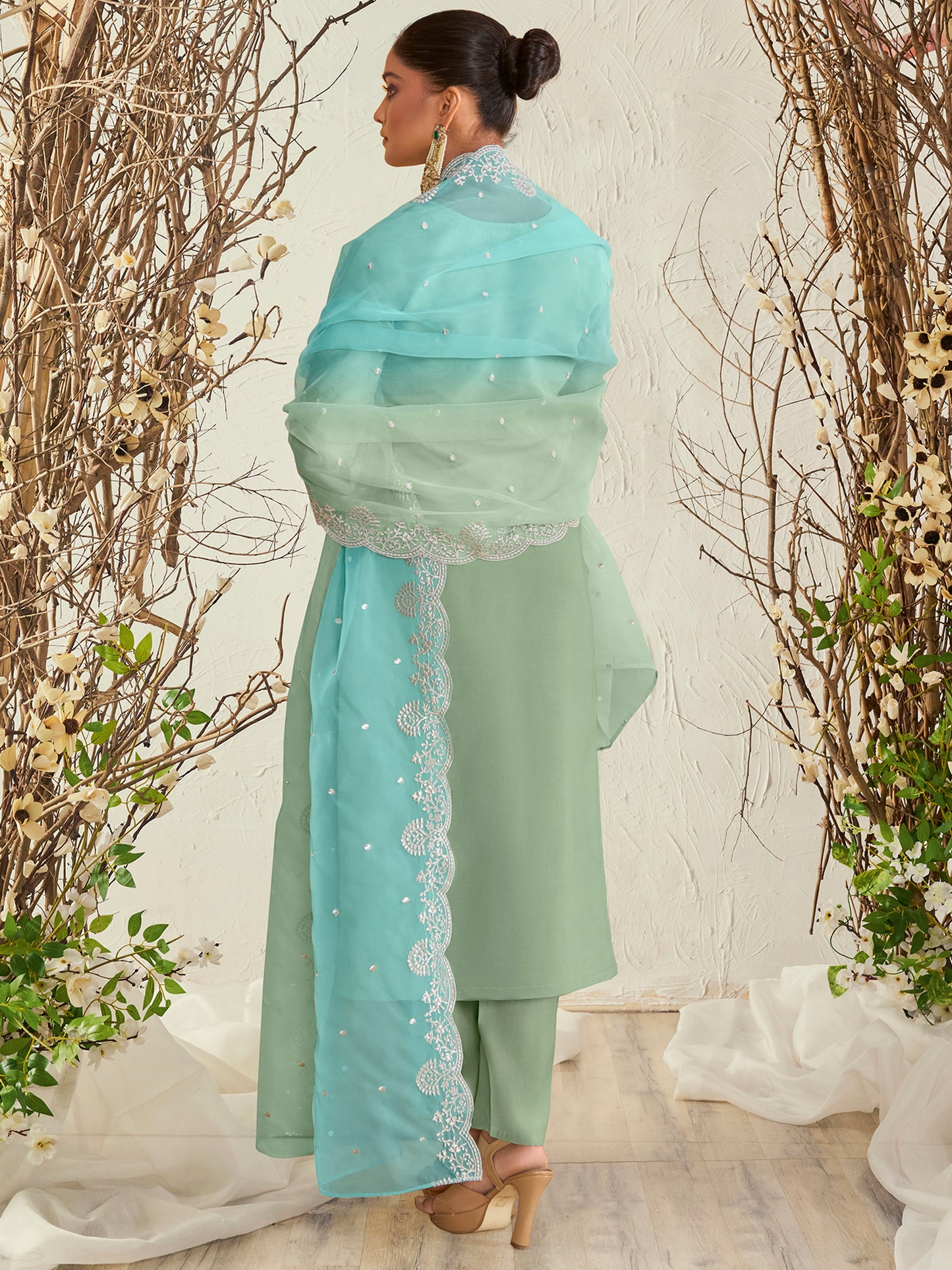 IE Sea Green Straight Embroidered Kurta Trousers With Dupatta Set