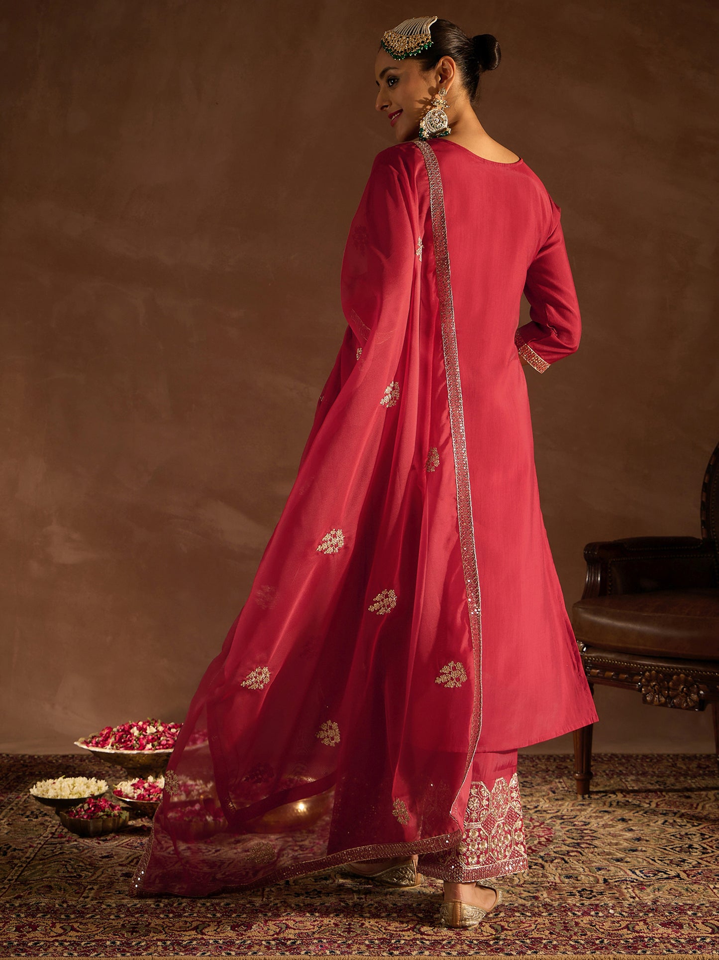 IE Red Embroidered Straight Kurta Sharara With Dupatta set