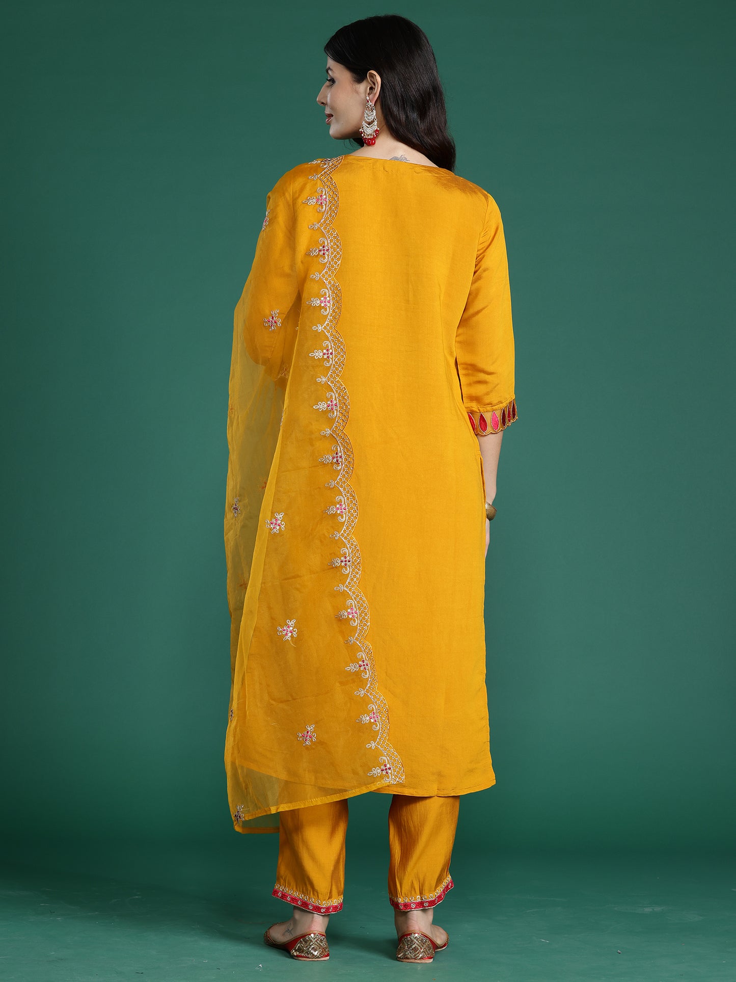 IE Mustard Embroidered Straight Kurta Trousers With Dupatta set