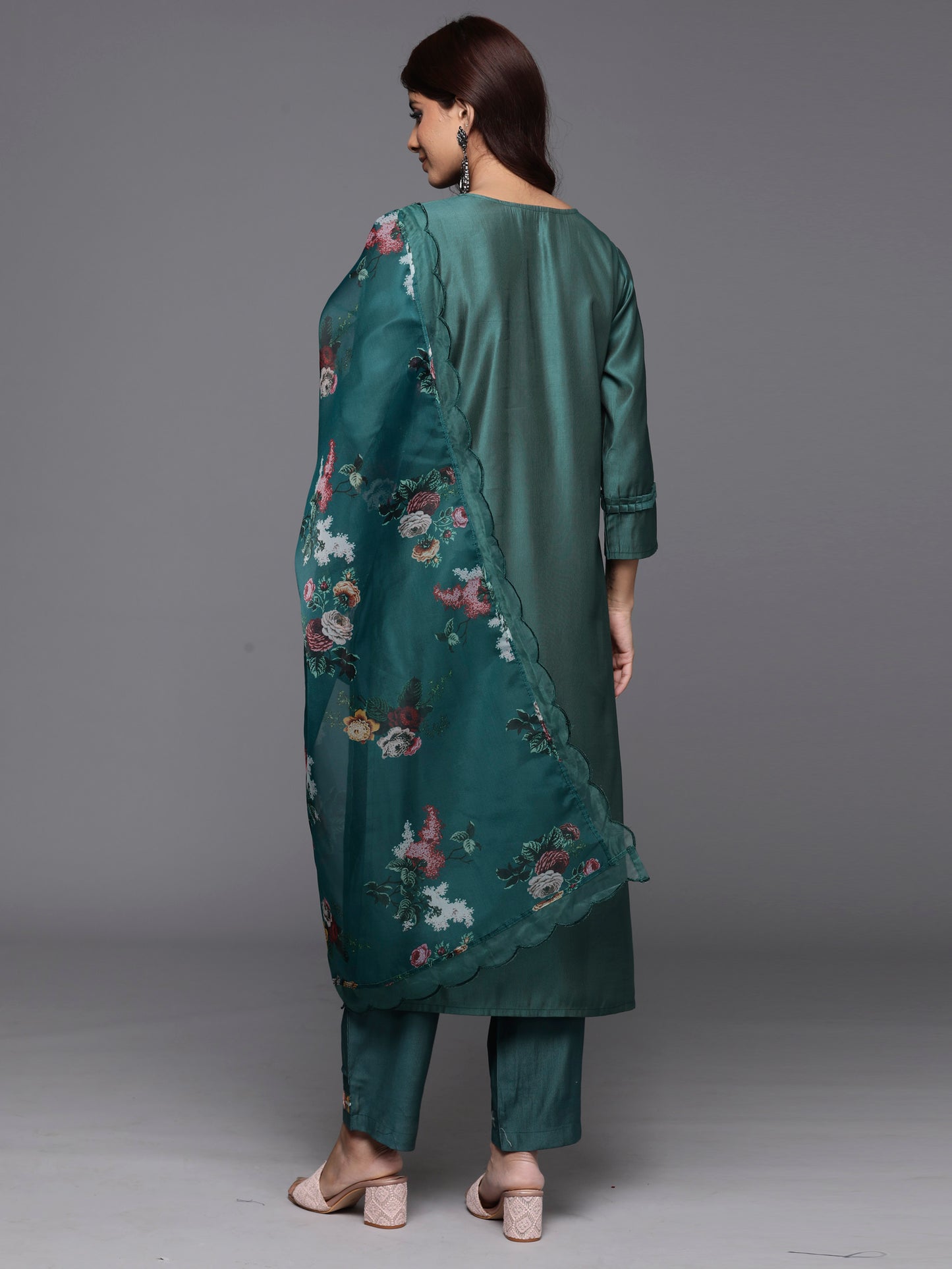 IE Teal Embroidered Straight Ethnic Kurta Trousers With Dupatta Set