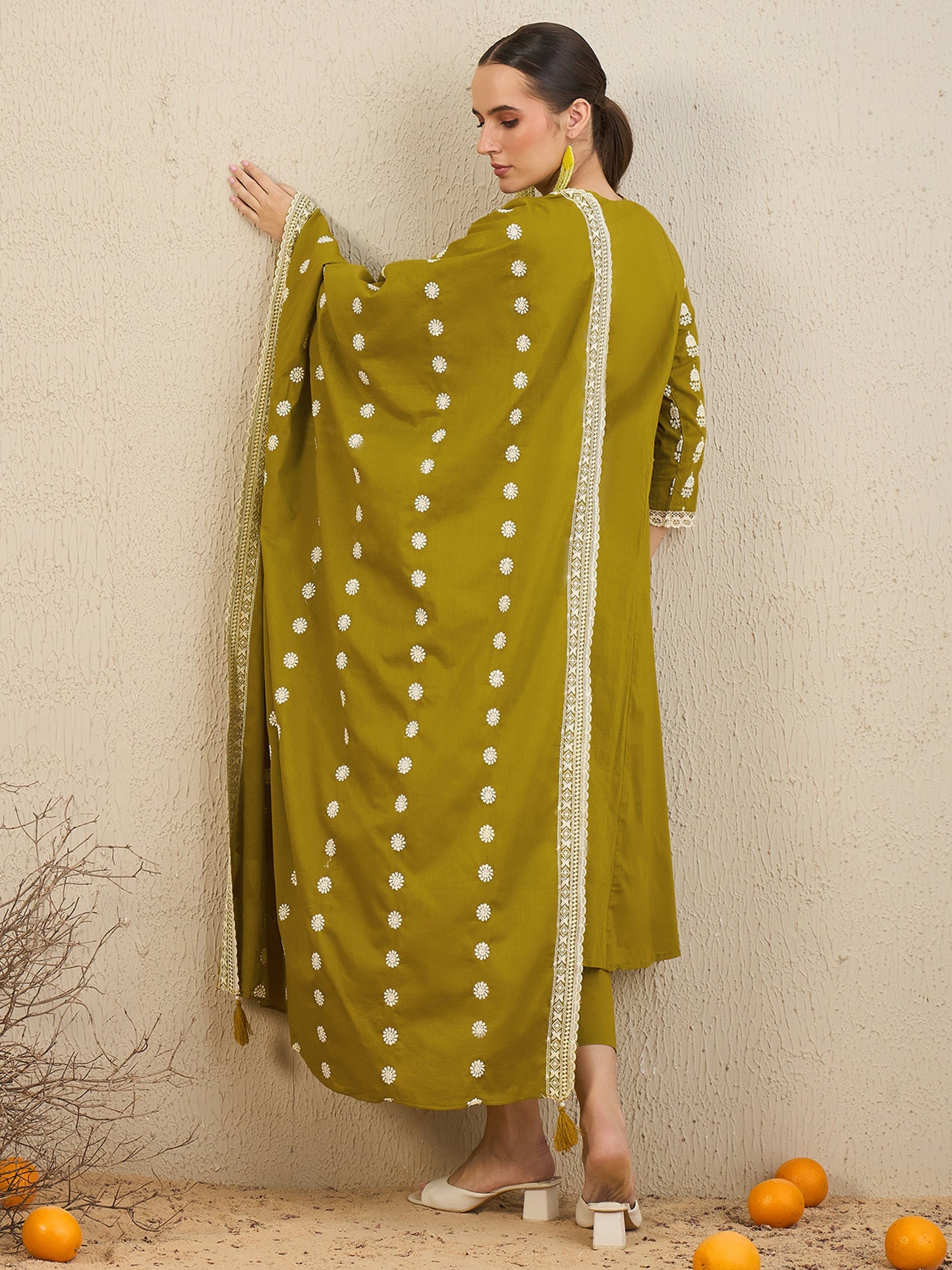 IE Green Embroidered A-Line Kurta Trousers With Dupatta set