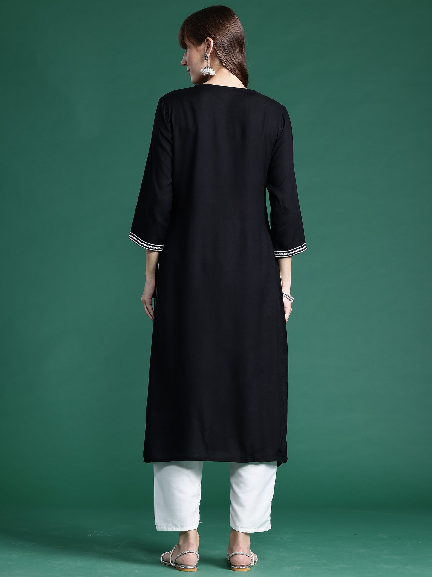 IE Black Embroidered Straight Kurtas