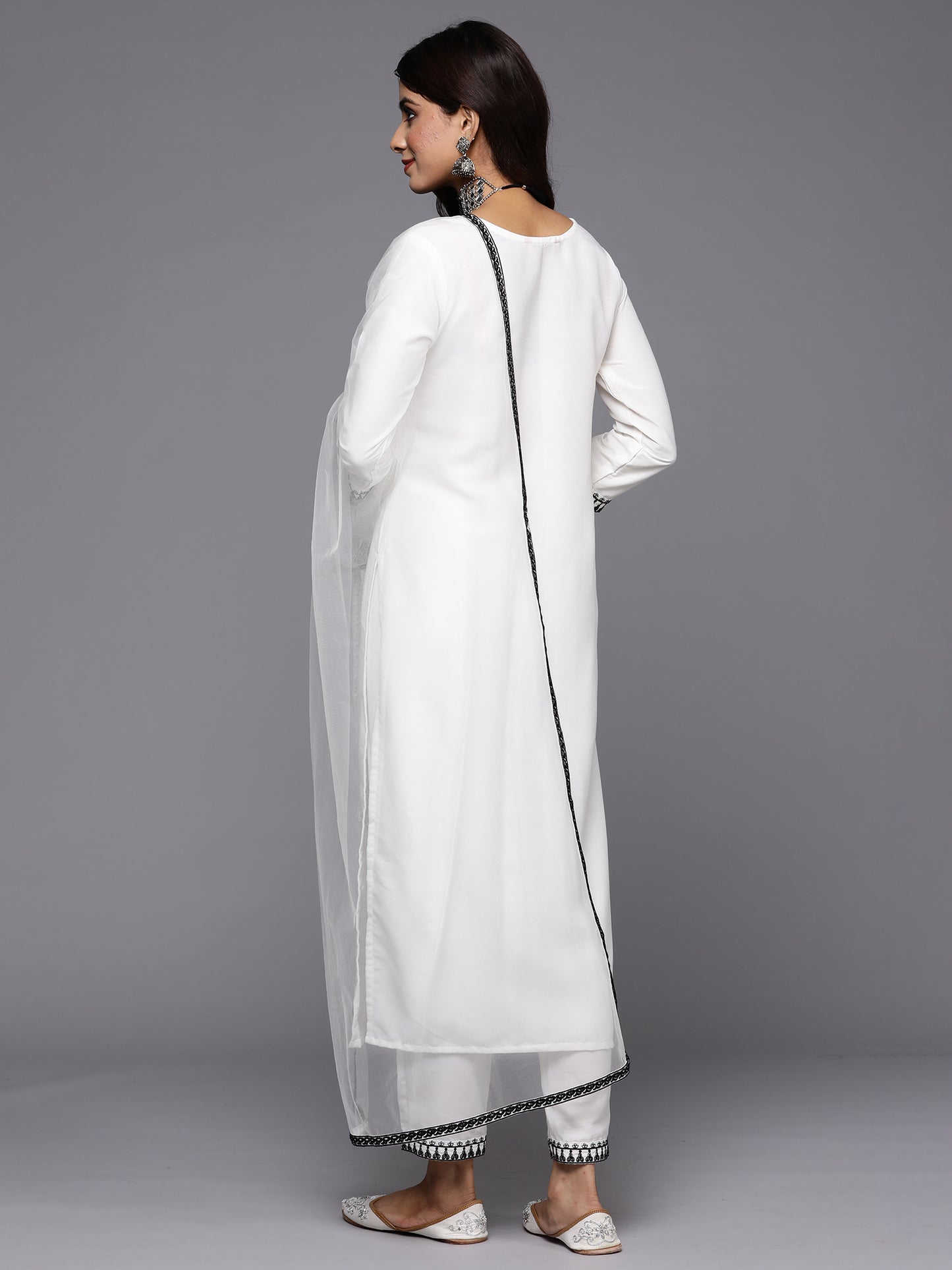 IE White Embroidered Straight Kurta Trousers With Dupatta Set