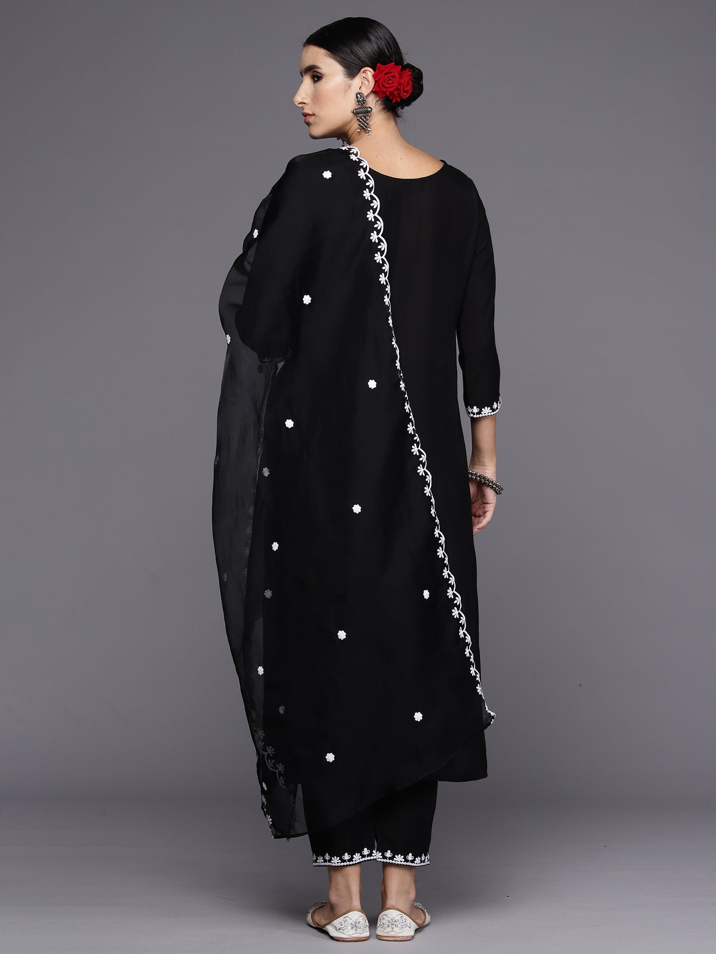 IE Black Embroidered Straight Kurta Trousers With Dupatta Set