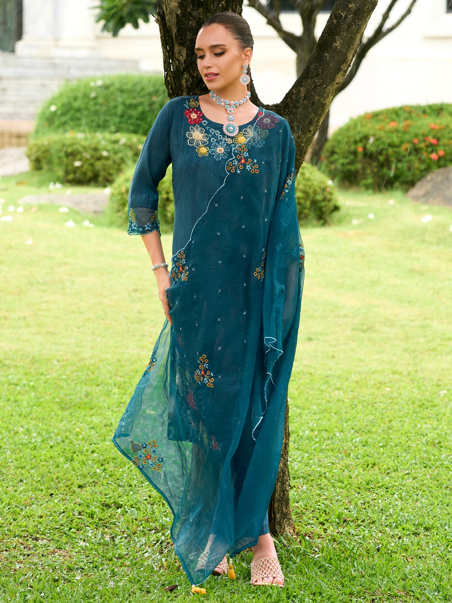 IE Teal Embroidered Straight Kurta Trousers With Dupatta set