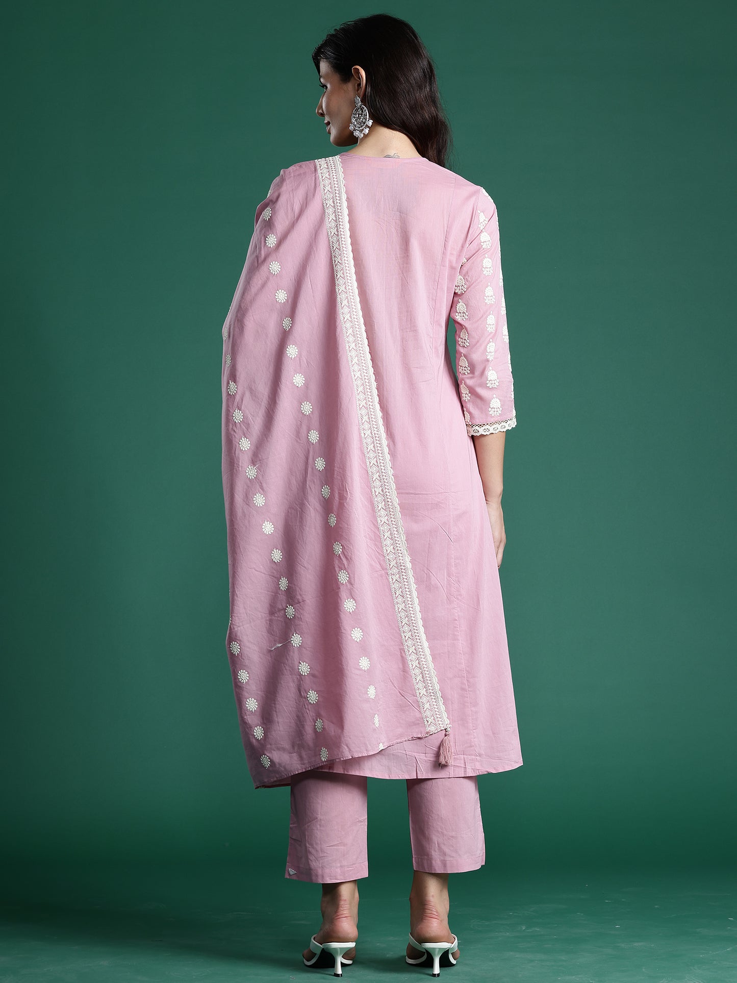 IE Pink Embroidered A-Line Kurta Trousers With Dupatta set