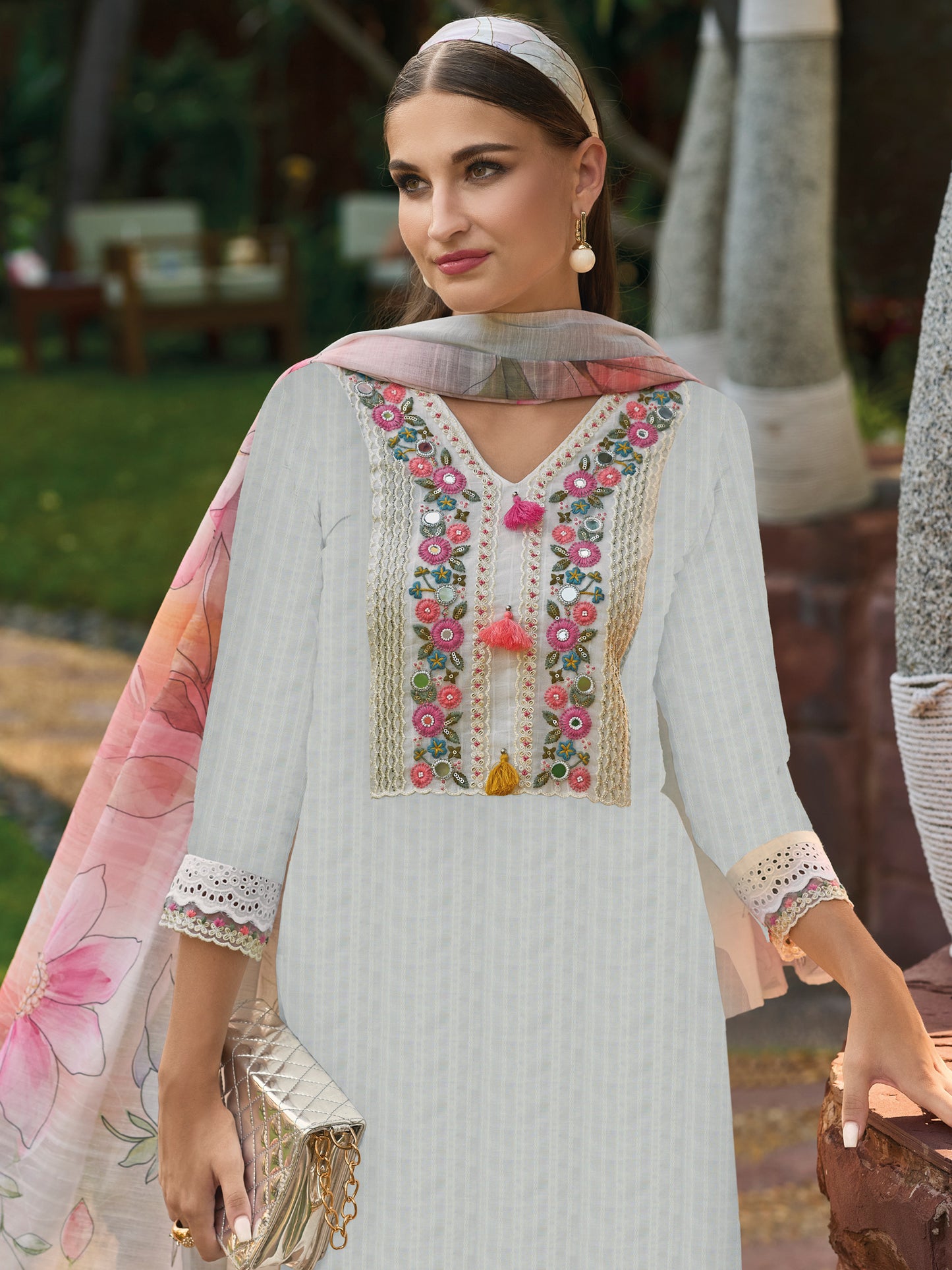 IE Off White Embroidered Straight Kurta Trousers With Dupatta set