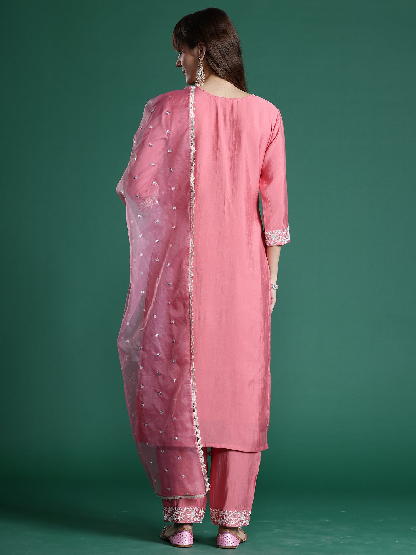 IE Pink Embroidered Straight Kurta Trousers With Dupatta Set