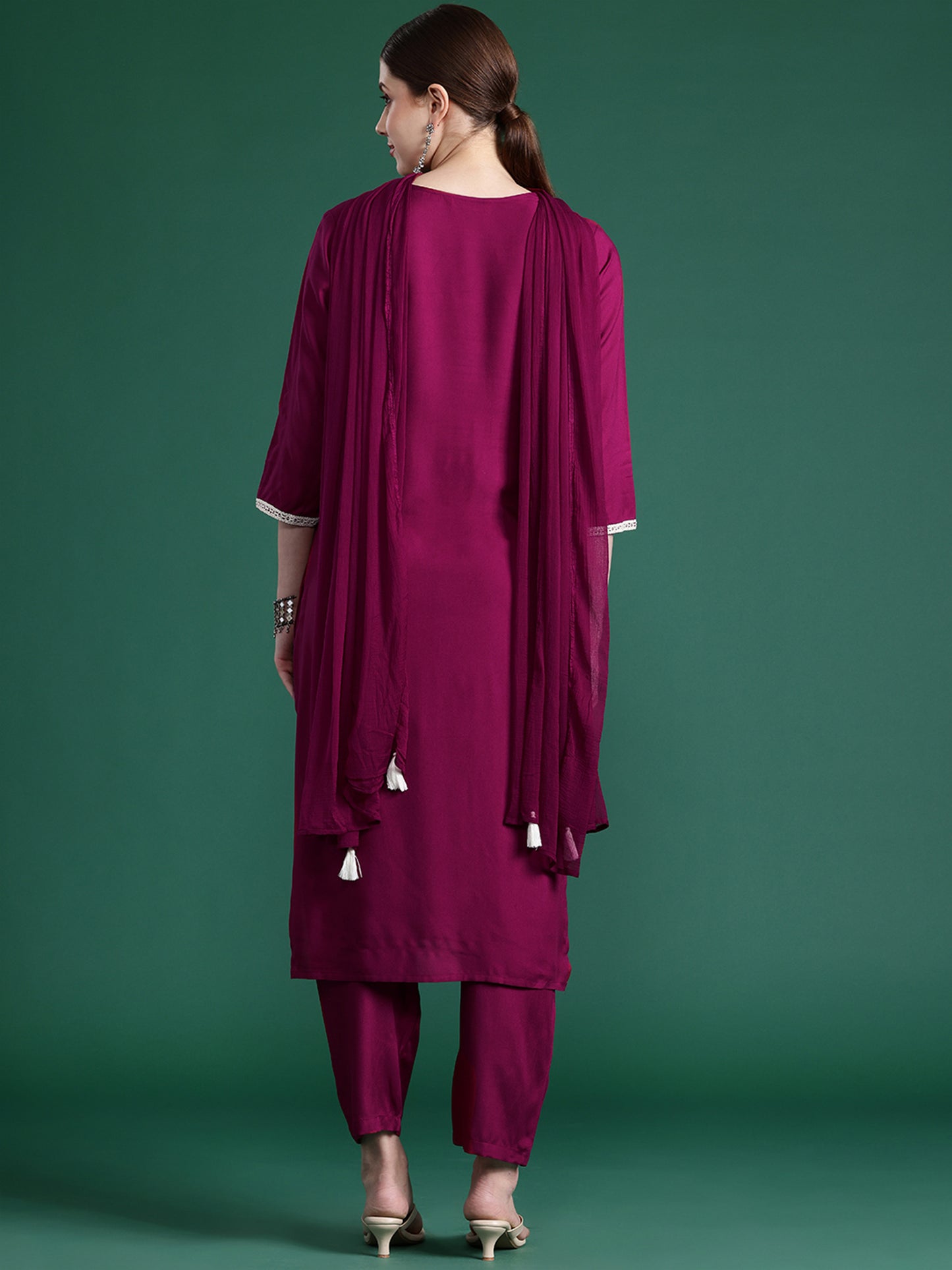 IE Burgundy Embroidered Straight Kurta Trousers With Dupatta set