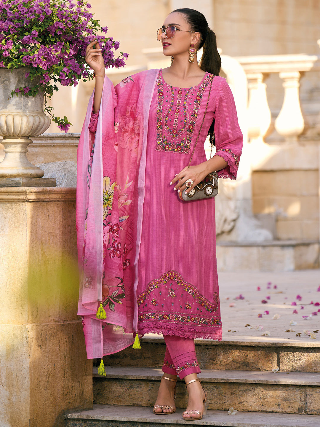 IE Pink Embroidered Straight Kurta Trousers With Dupatta set