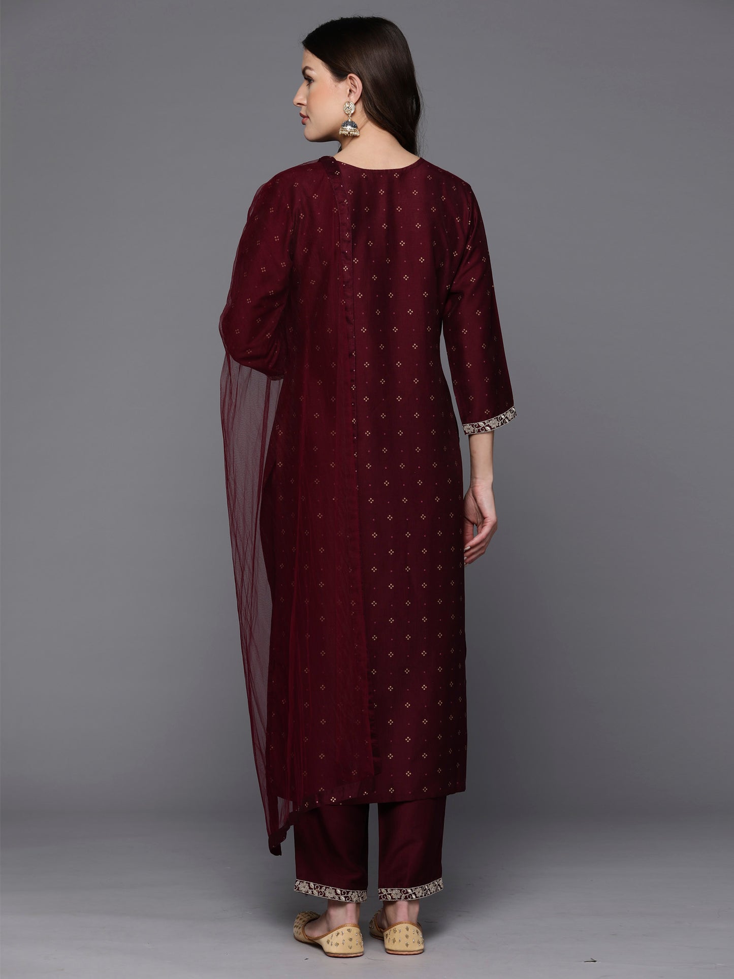 IE Burgundy Embroidered Straight Kurta Trousers With Dupatta Set