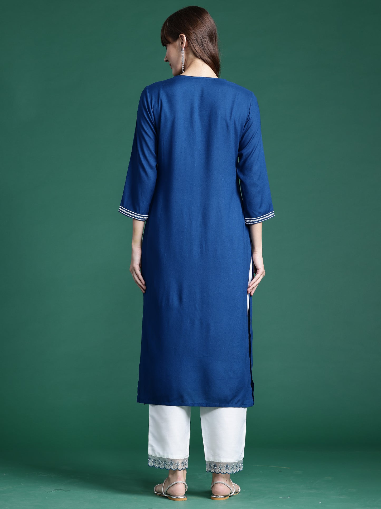 IE Teal Embroidered Straight Kurtas