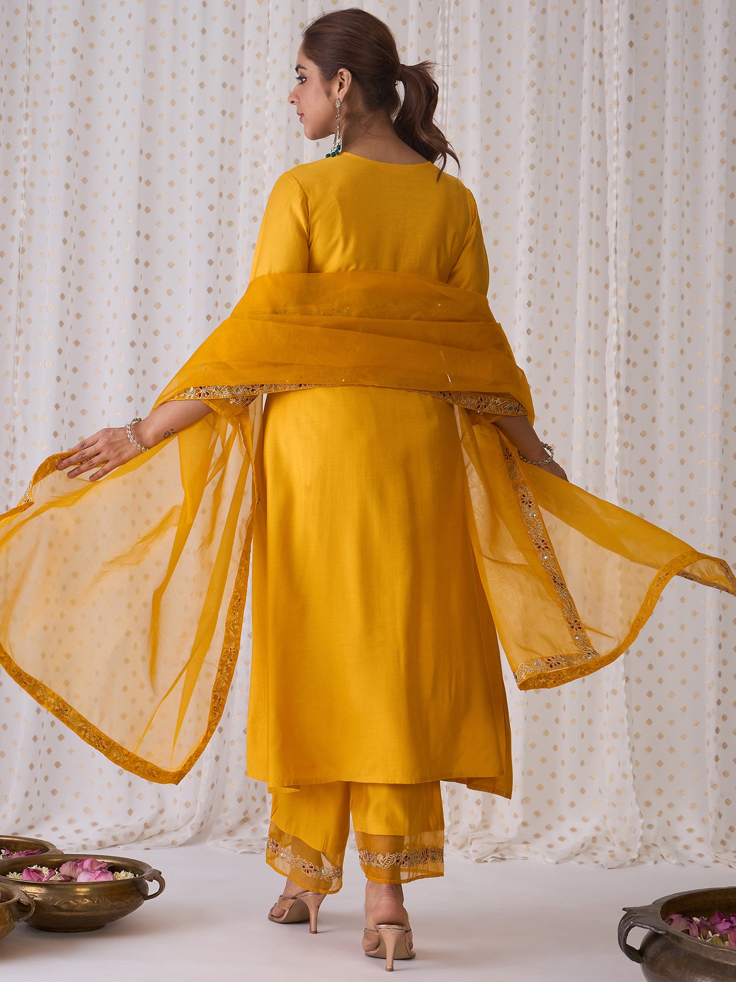 IE Yellow Embroidered A-Line Kurta Palazzos With Dupatta set