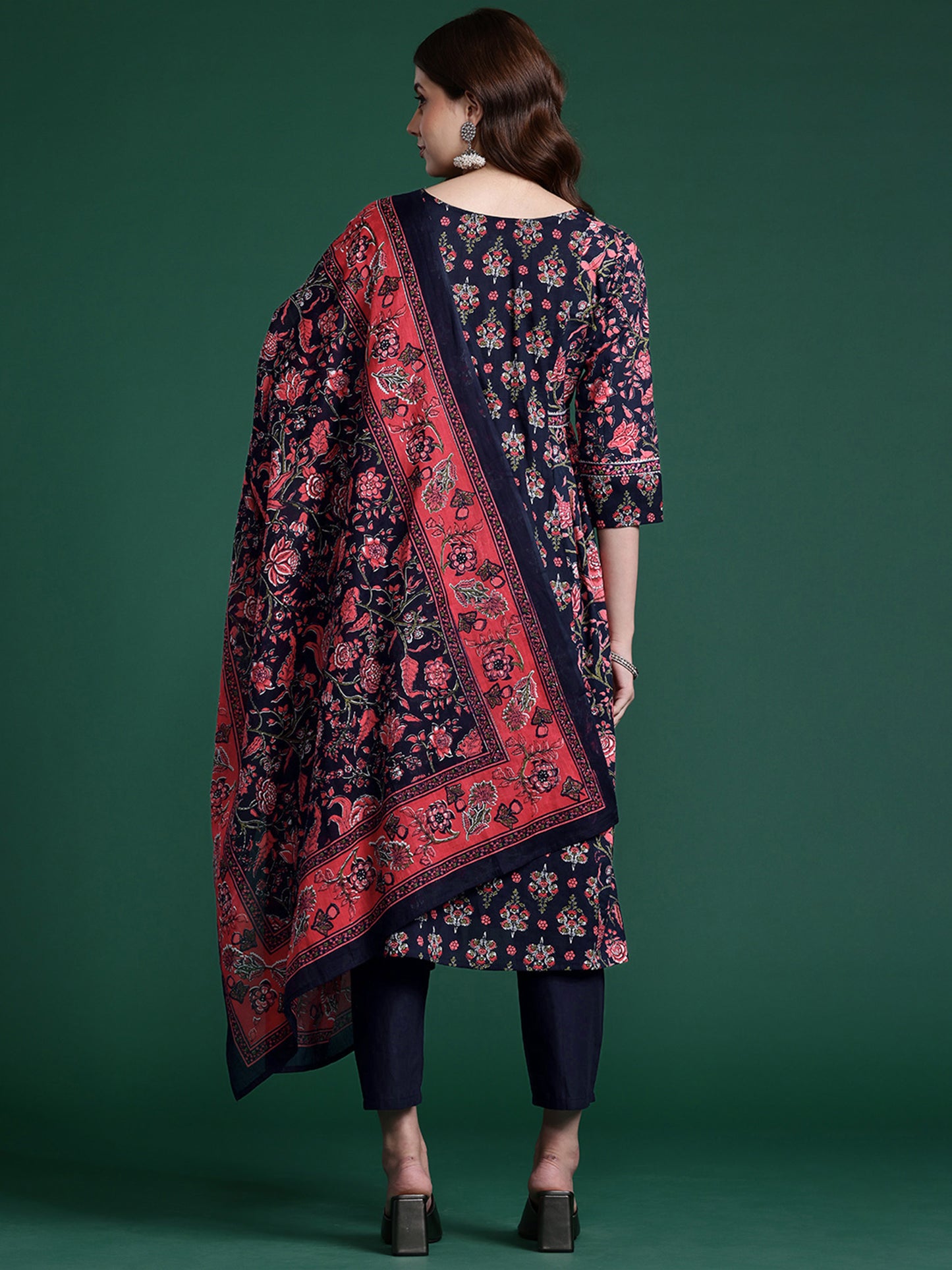 IE Navy Blue Printed A-Line Kurta Trousers With Dupatta set