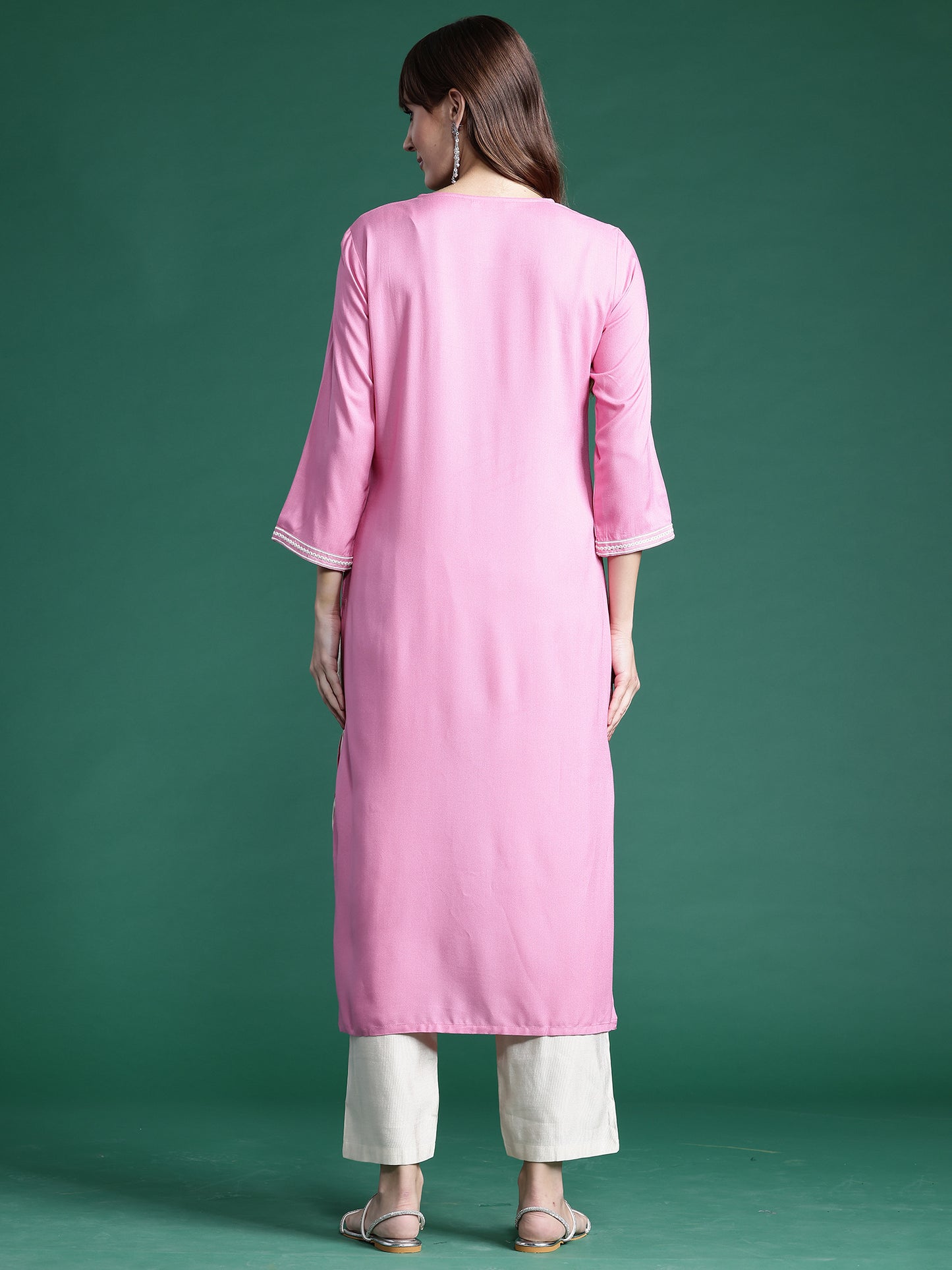 IE Pink Embroidered Straight Kurtas