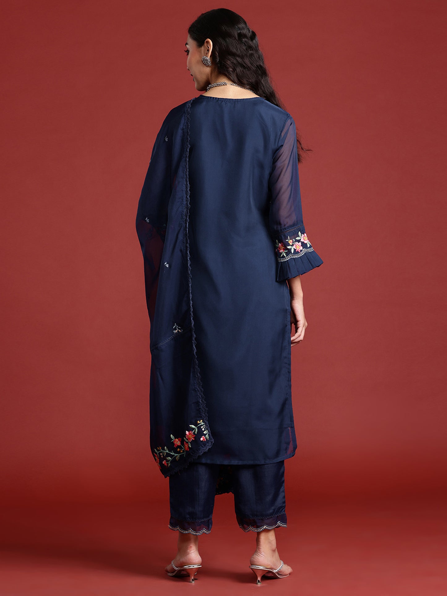 IE Navy Blue Embroidered Straight Kurta Trousers With Dupatta set