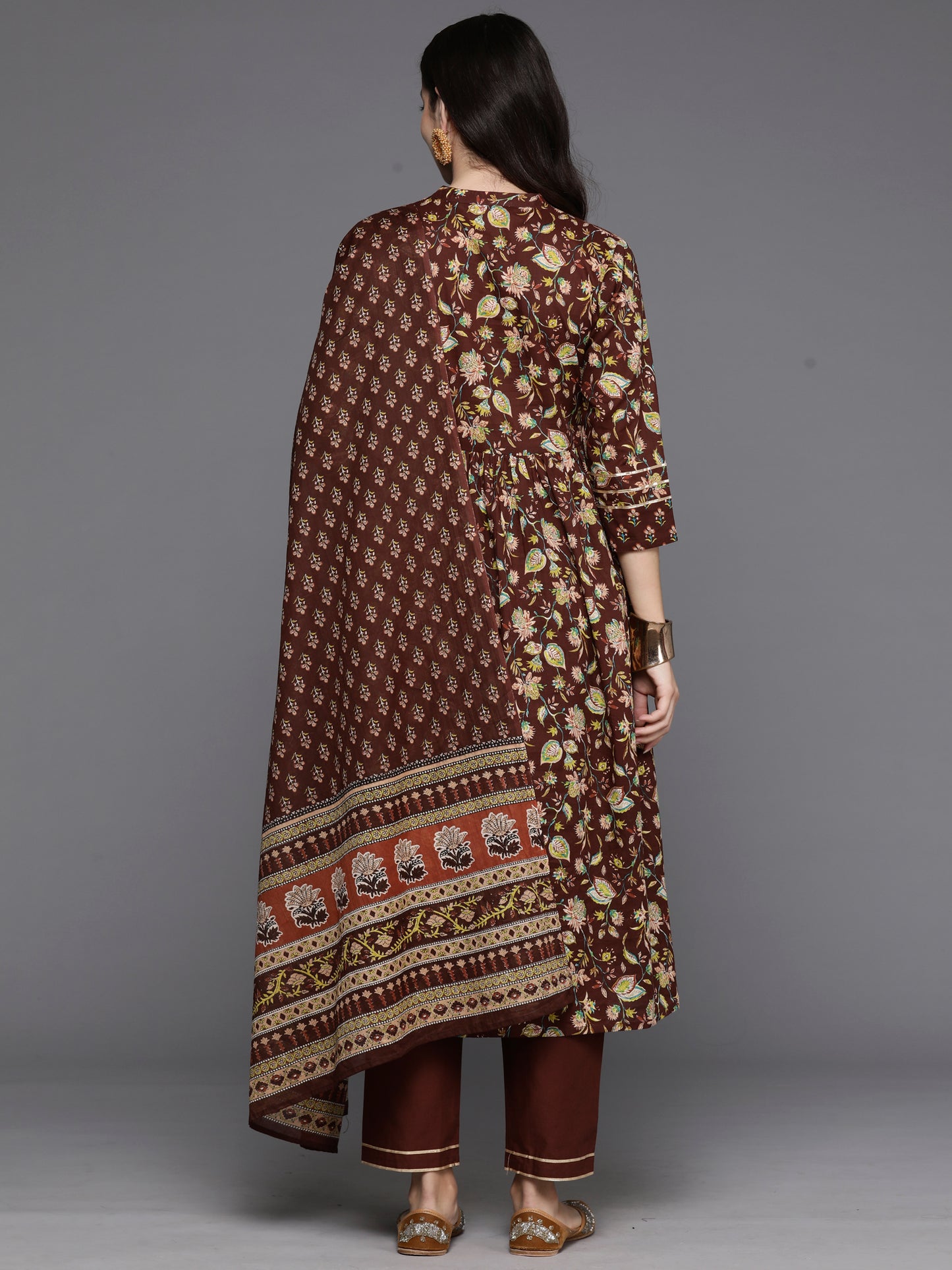 IE Brown Printed A-Line Kurta Trousers With Dupatta Set