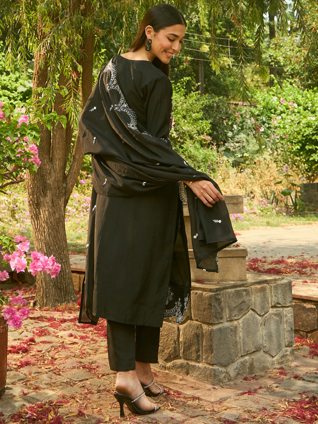 IE Black Embroidered Straight Kurta Trousers With Dupatta set