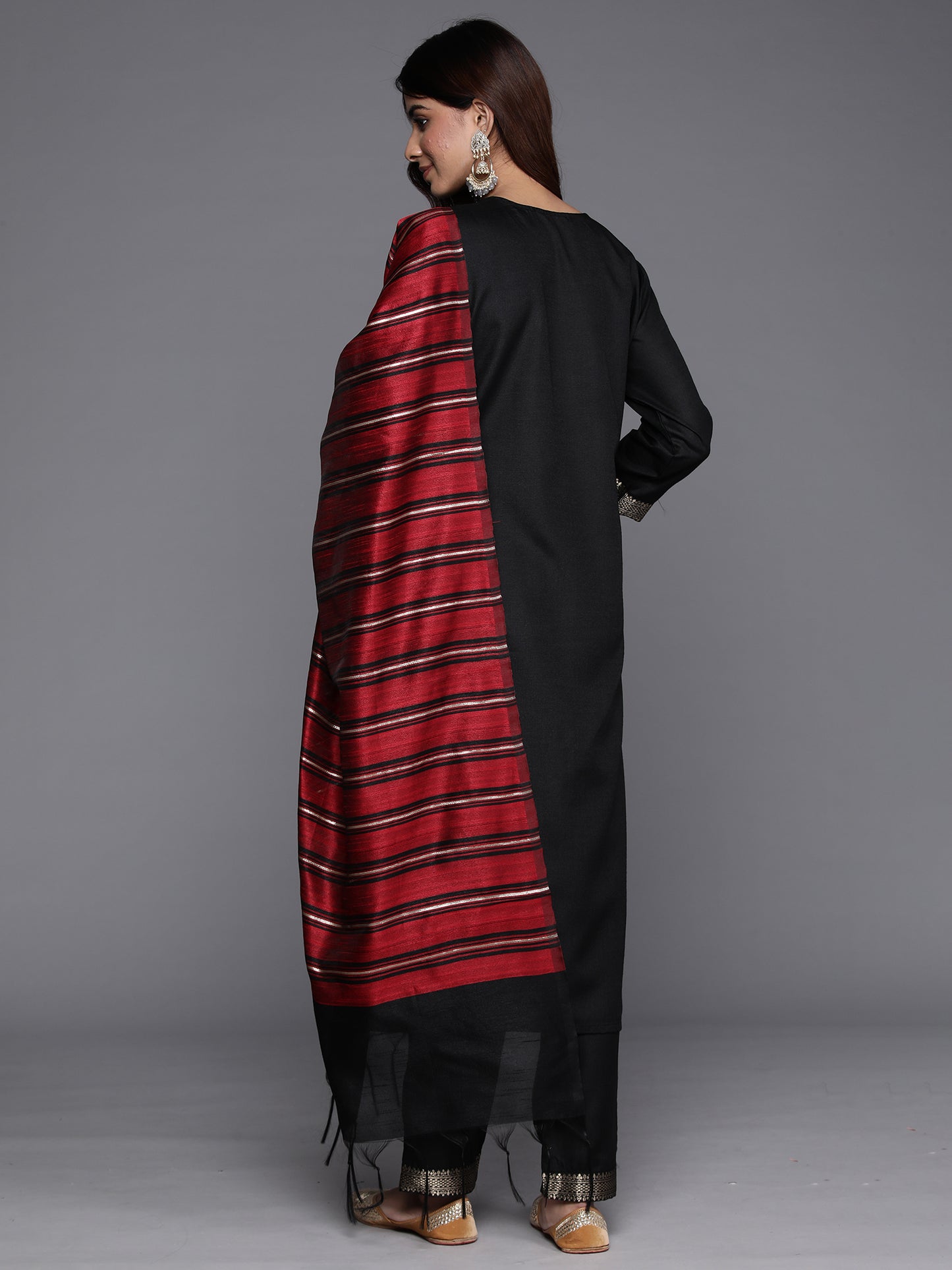 IE Black Yoke Design Straight Kurta Trousers With Dupatta Set